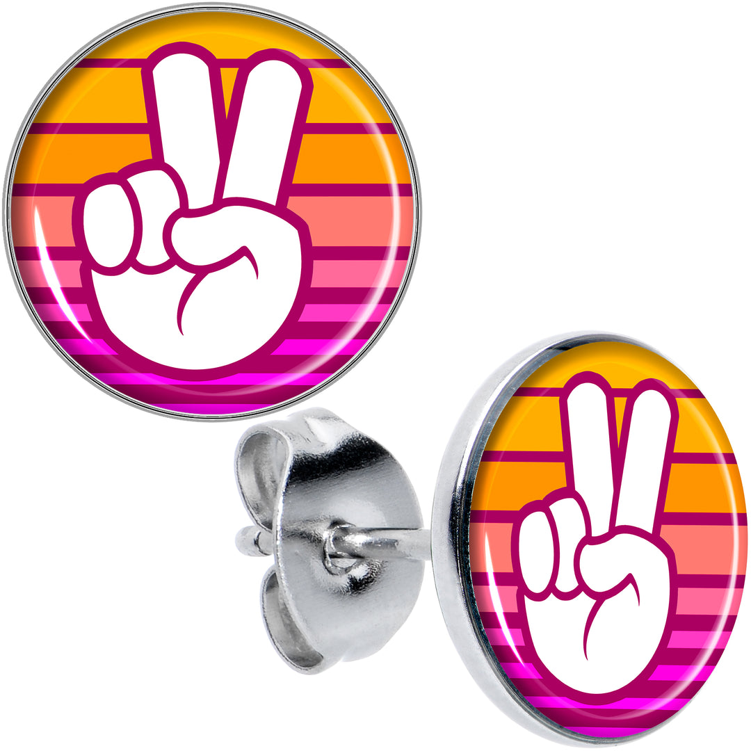 Retro Stripes Peace Sign Fingers Hypoallergenic Stainless Steel Stud Earrings