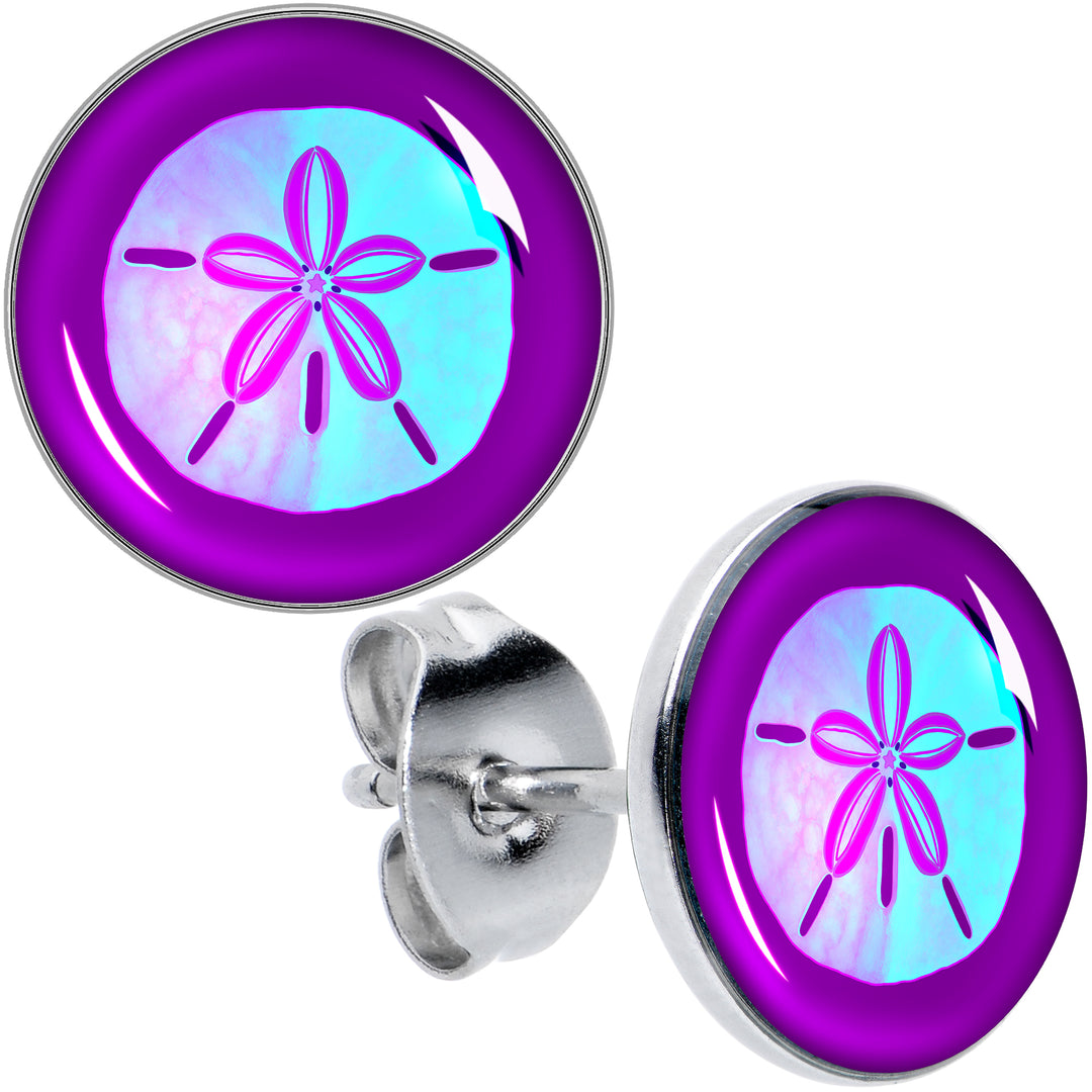 Purple Nautical Sand Dollar Hypoallergenic Stainless Steel Stud Earrings