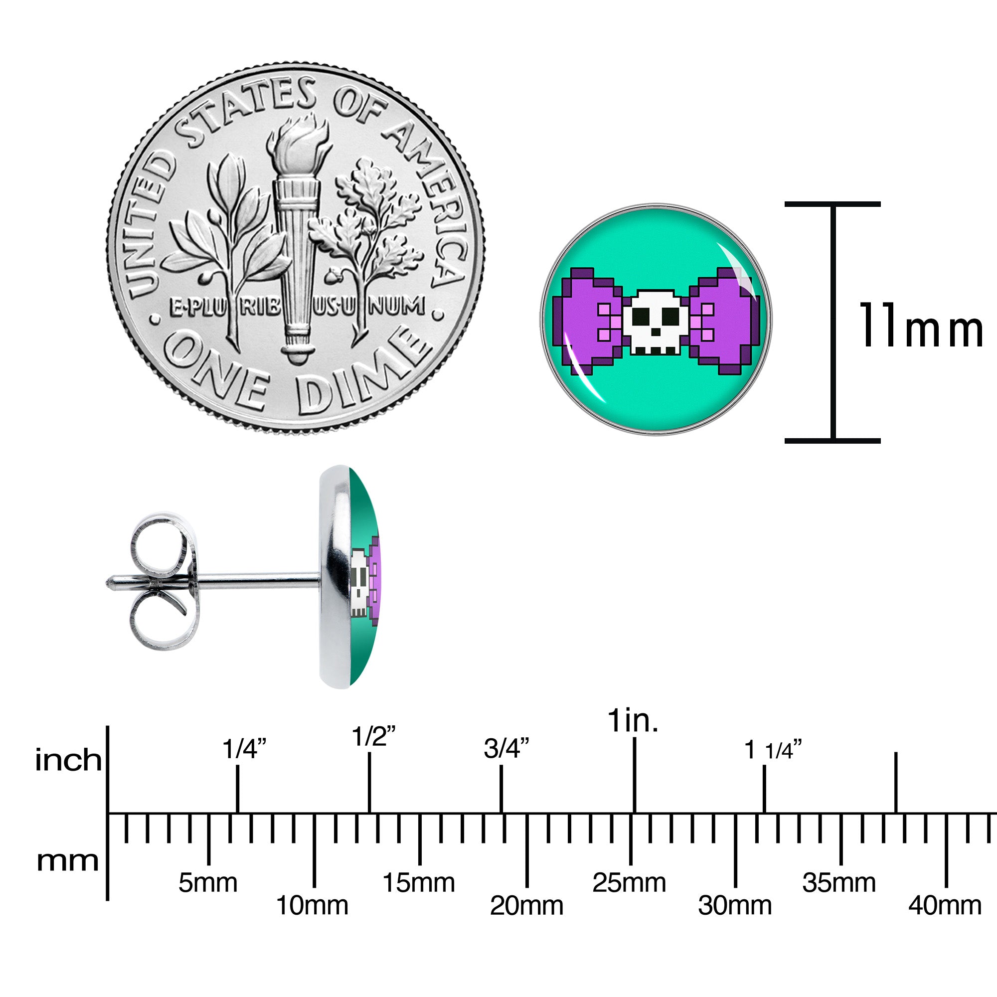 Retro Pixel Skull  Stainless Steel Stud Earrings perfect for sensitive ears