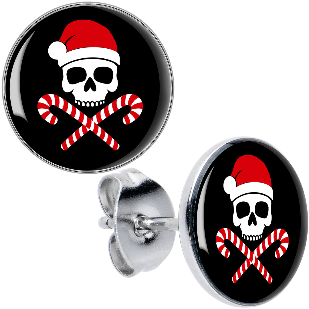 Santa Pirate Candy Cane Skull Hypoallergenic Stainless Steel Stud Earrings
