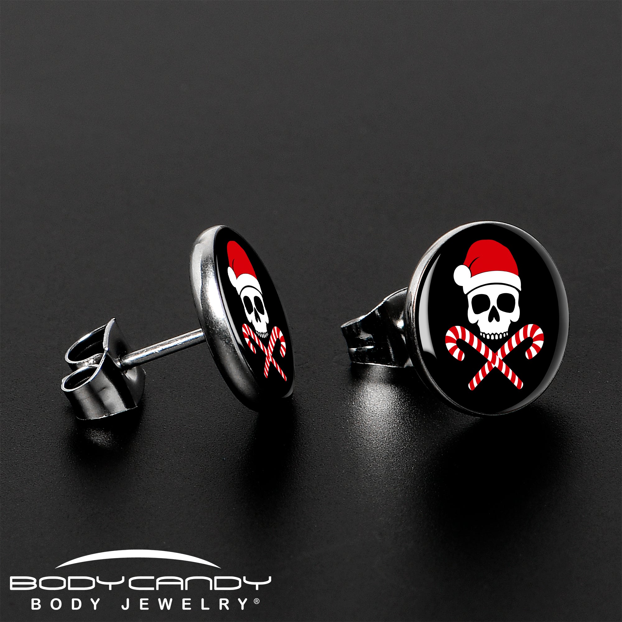 Santa Pirate Candy Cane Skull  Stainless Steel Stud Earrings stylish jewelry
