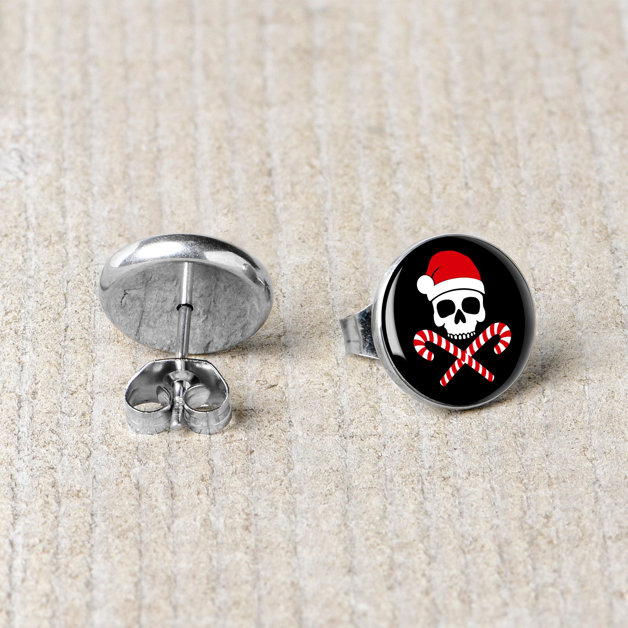 Santa Pirate Candy Cane Skull  Stainless Steel Stud Earrings stainless steel hypoallergenic