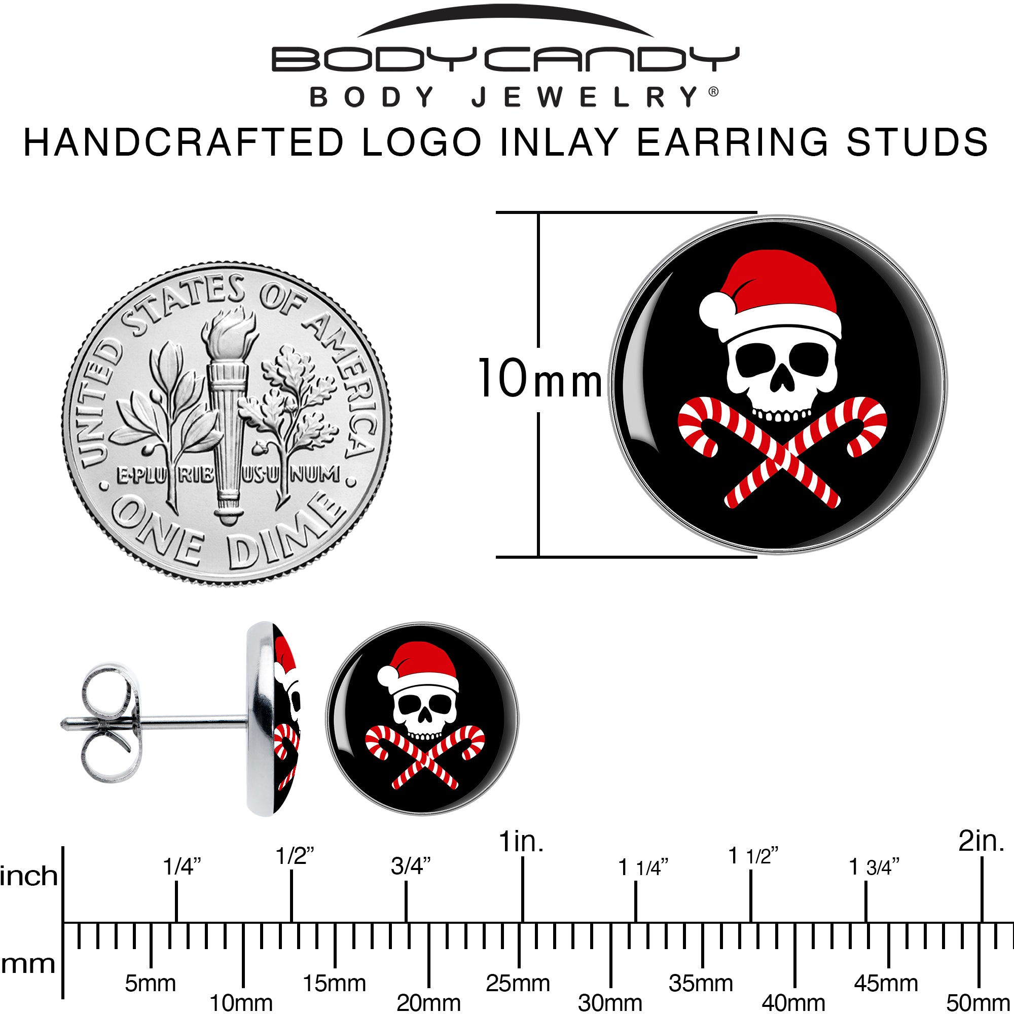 Santa Pirate Candy Cane Skull  Stainless Steel Stud Earrings perfect for sensitive ears