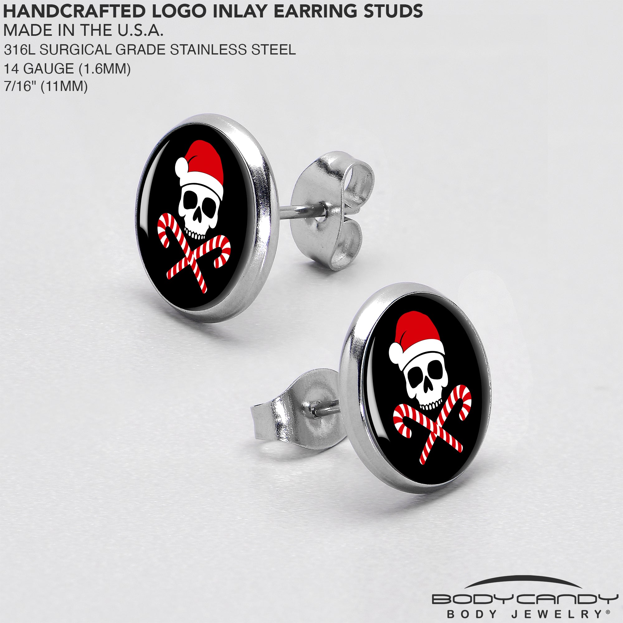 Santa Pirate Candy Cane Skull  Stainless Steel Stud Earrings custom design option