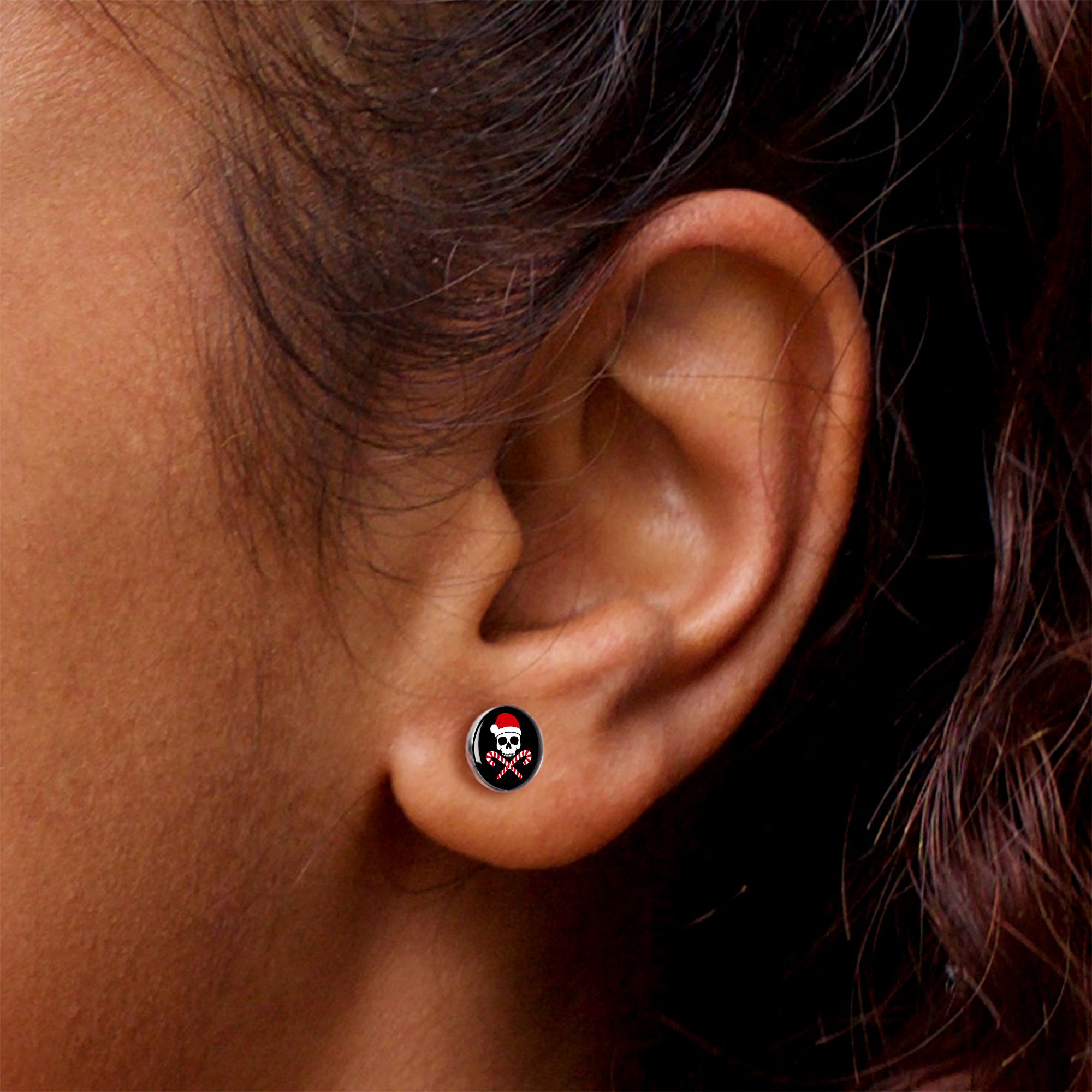 Santa Pirate Candy Cane Skull Stud Earrings by Onyx O