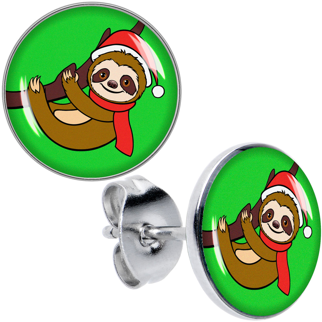 Holiday Santa Sloth Hypoallergenic Stainless Steel Stud Earrings