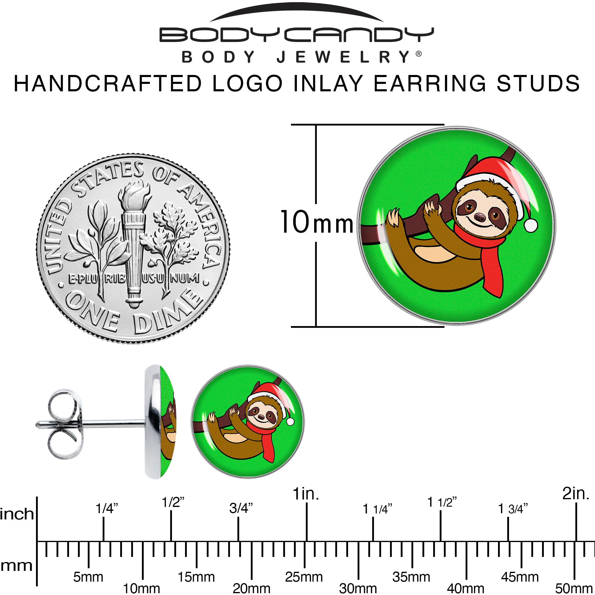 Holiday Santa Sloth  Stainless Steel Stud Earrings perfect for sensitive ears