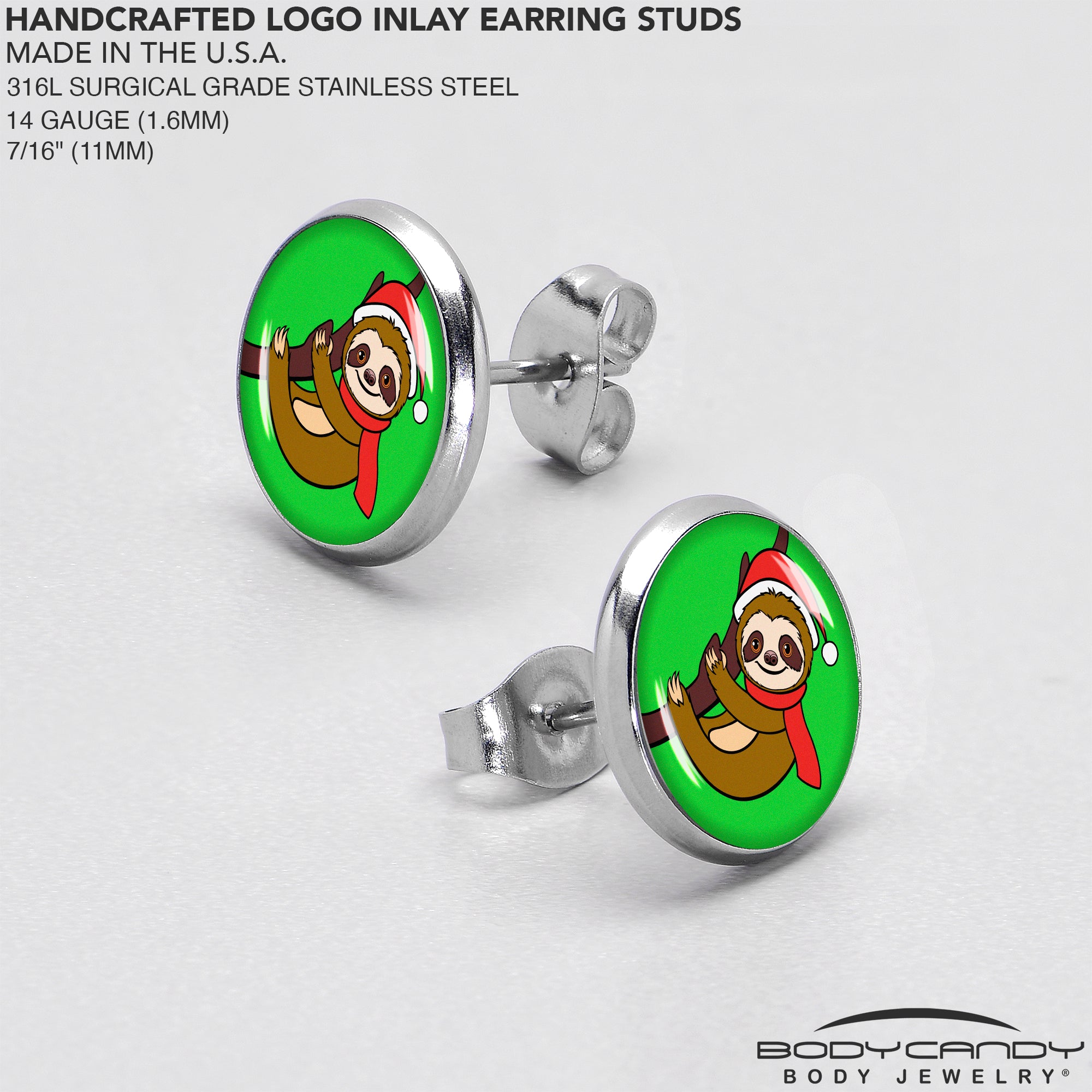 Holiday Santa Sloth  Stainless Steel Stud Earrings custom design option