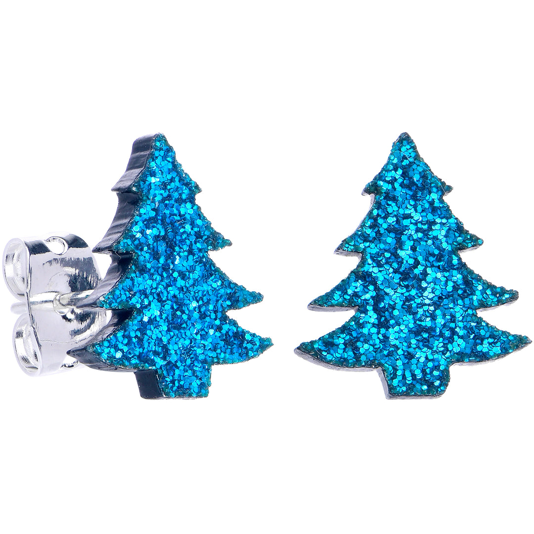 Aqua Blue Glitter Christmas Tree Hypoallergenic Stainless Steel Stud Earrings