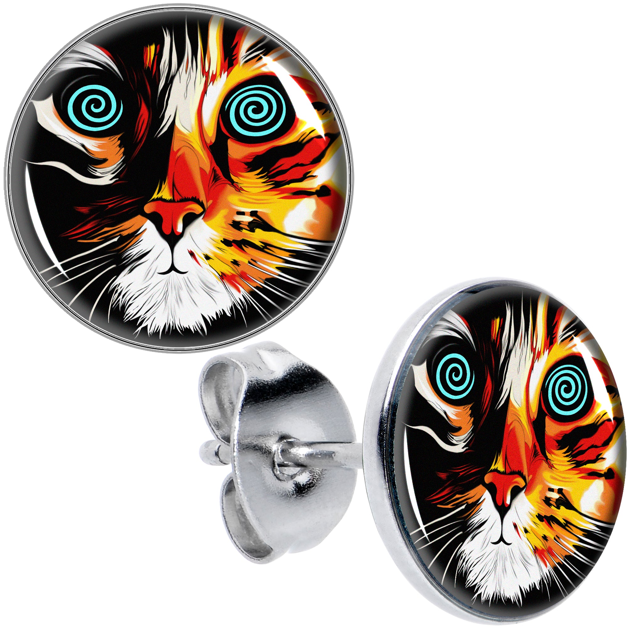 Colorful Trippy Cat Hypoallergenic Stainless Steel Stud Earrings