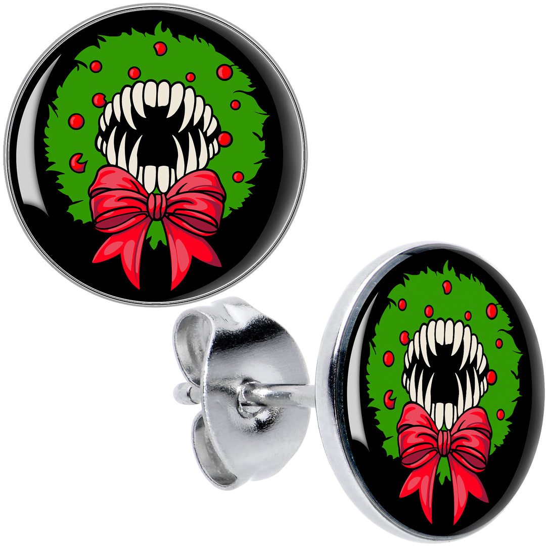 Holiday Vampire Wreath Hypoallergenic Stainless Steel Stud Earrings
