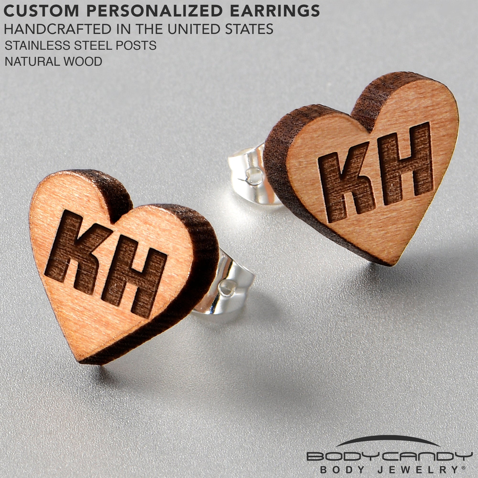Custom No 2 Earrings Wood Initial Heart Personalized Stud Earrings