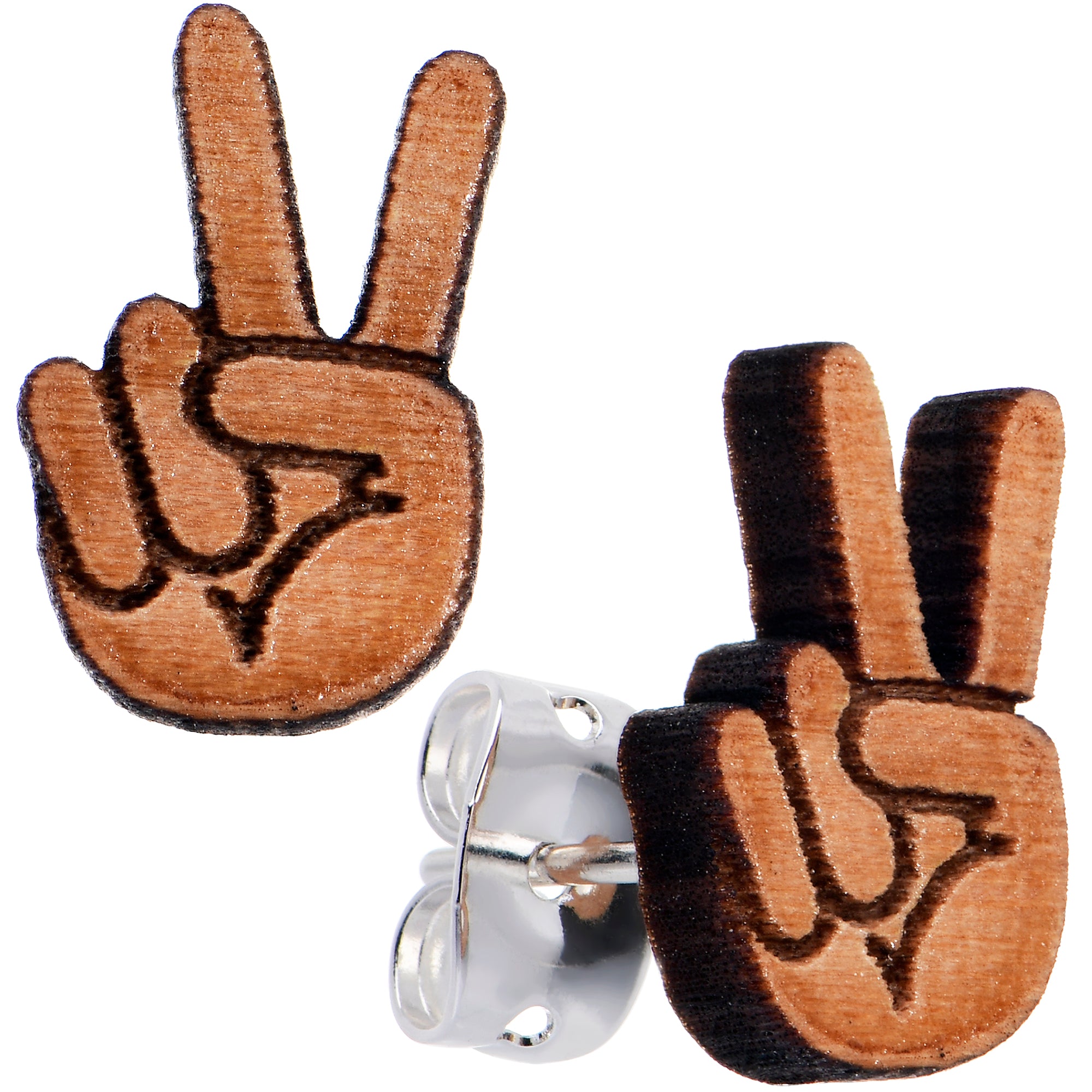Natural Maple Wood Peace Sign Fingers Hypoallergenic Stainless Steel Stud Earrings