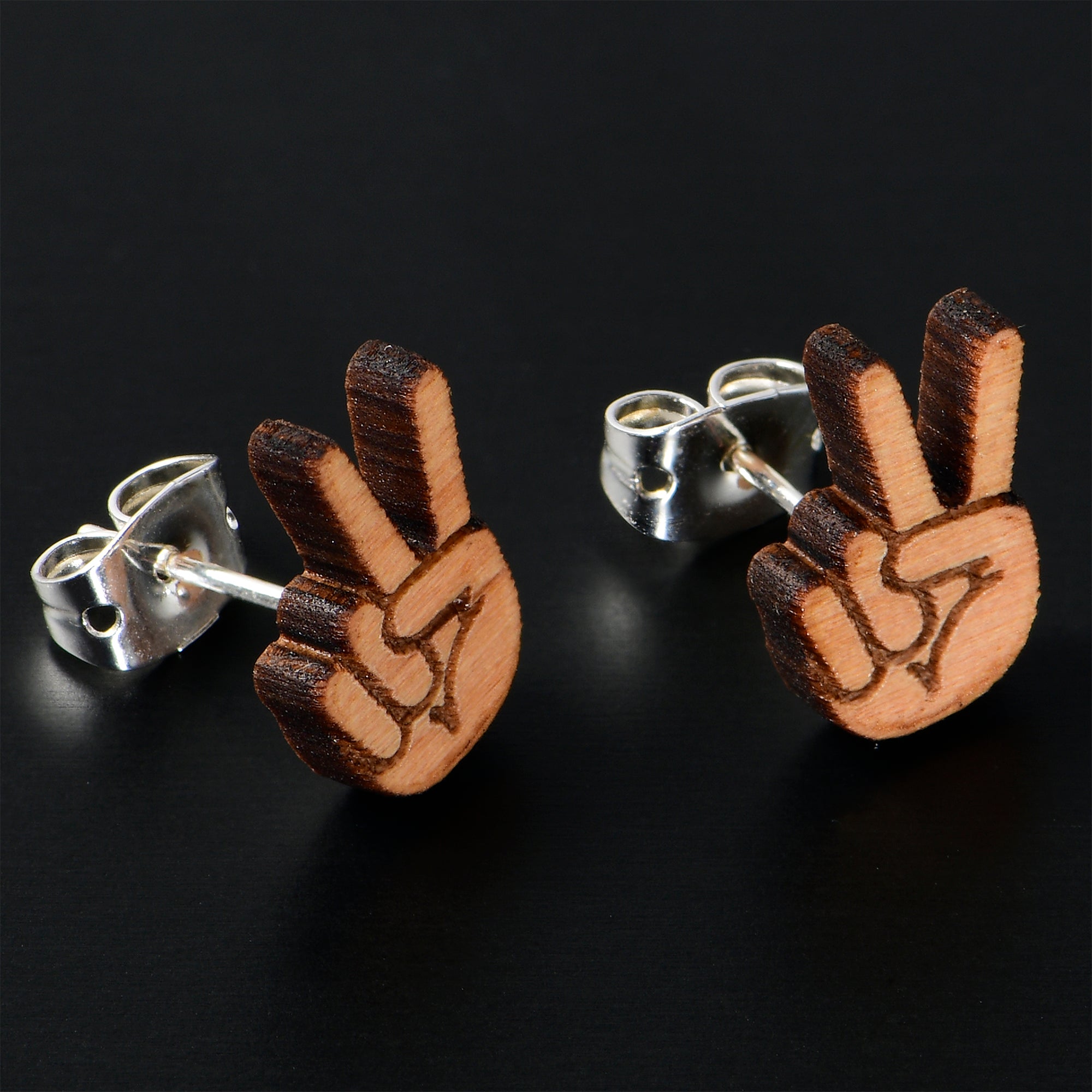 Natural Maple Wood Peace Sign Fingers  Stainless Steel Stud Earrings lightweight body jewelry