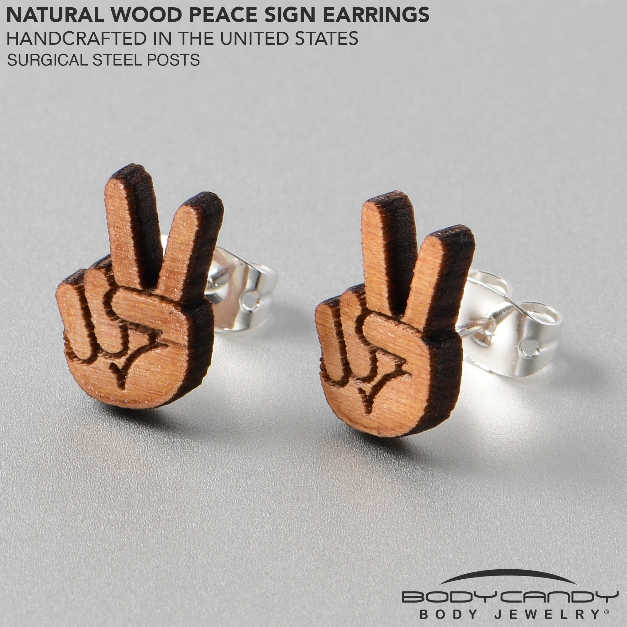 Natural Maple Wood Peace Sign Fingers  Stainless Steel Stud Earrings stylish jewelry