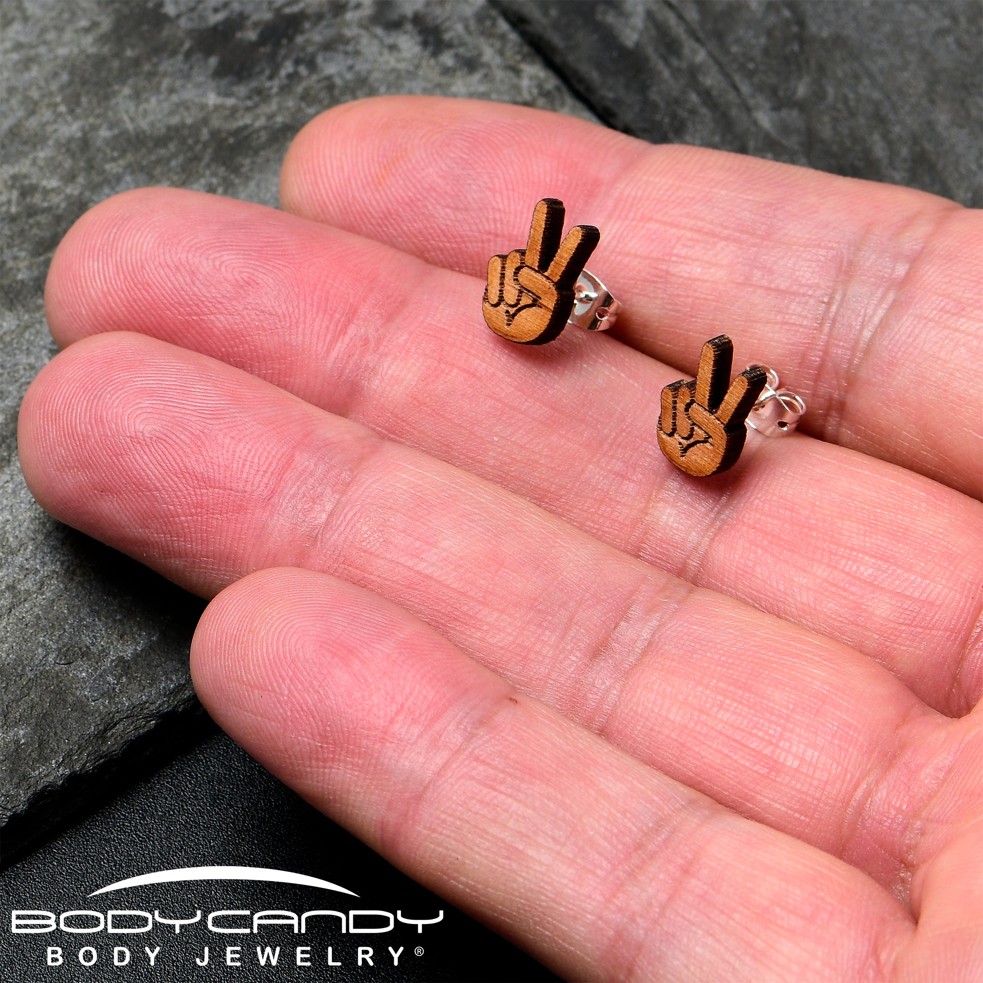 Natural Maple Wood Peace Sign Fingers  Stainless Steel Stud Earrings handmade design