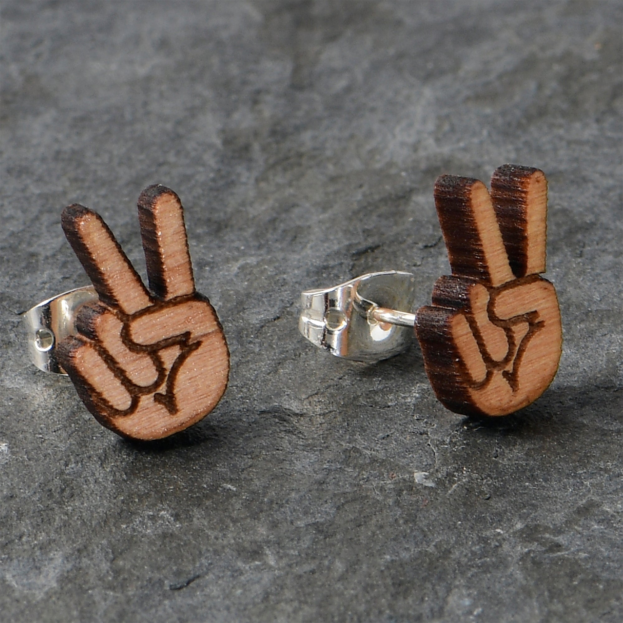 Natural Maple Wood Peace Sign Fingers  Stainless Steel Stud Earrings perfect for sensitive ears