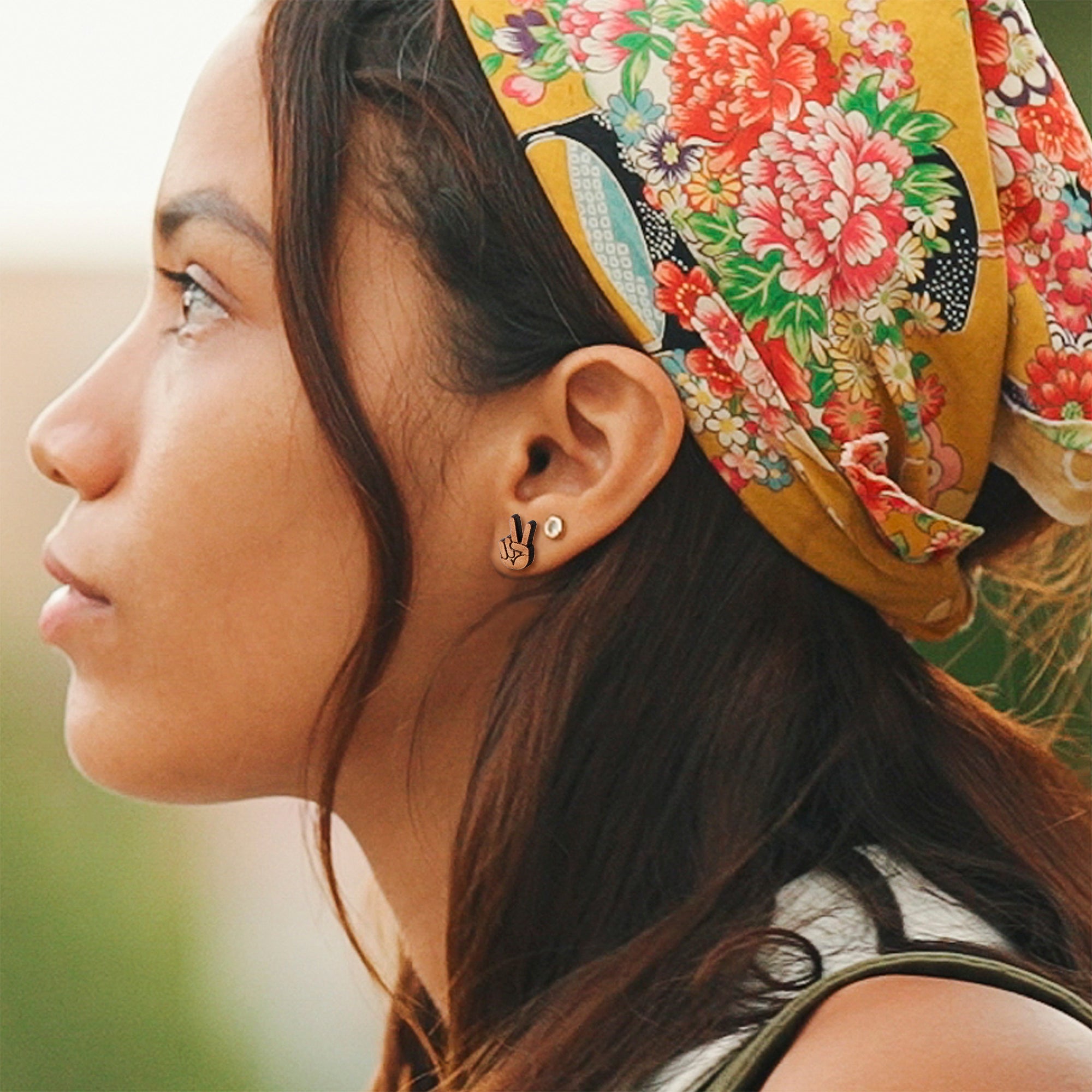 Natural Maple Wood Peace Sign Fingers  Stainless Steel Stud Earrings custom design option