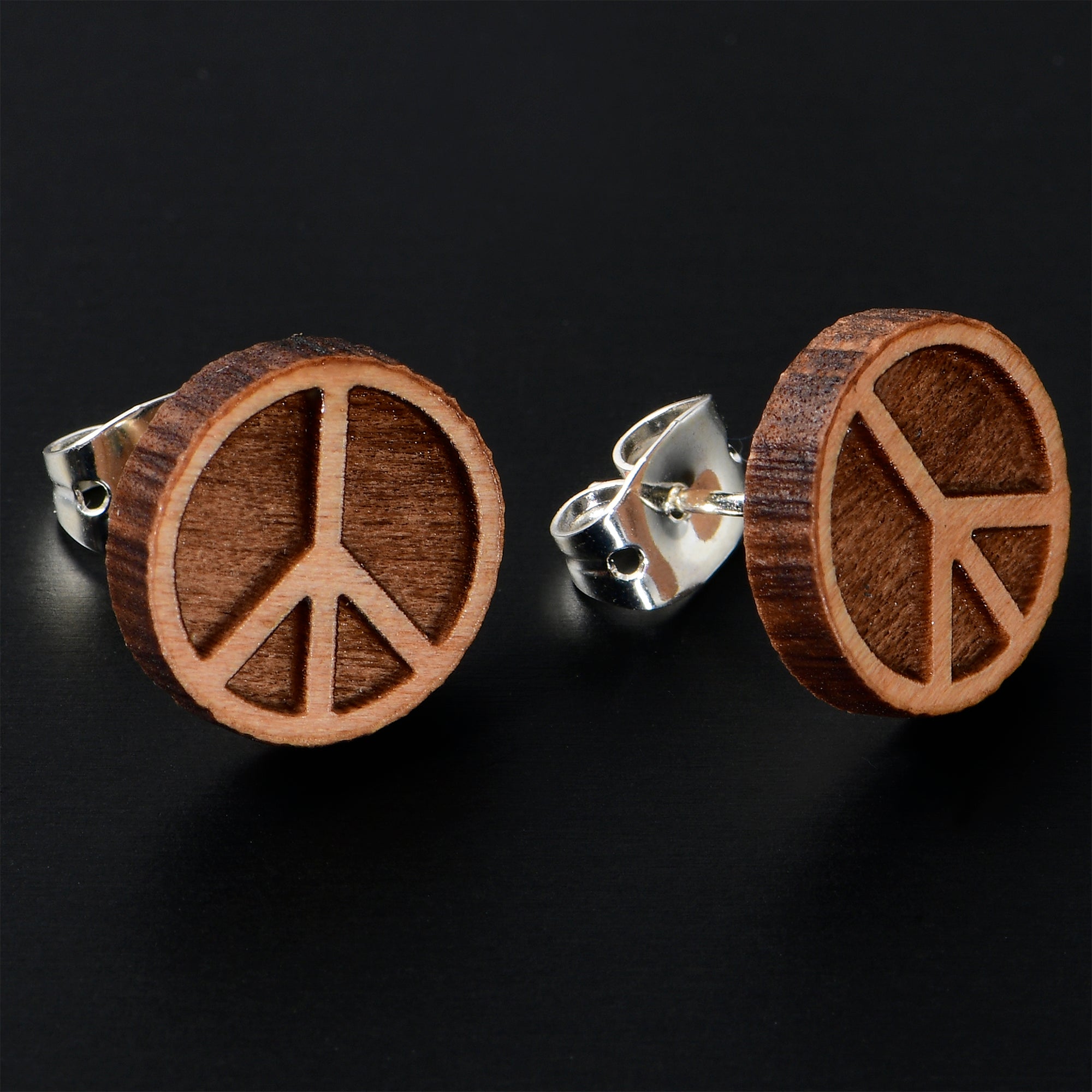 Natural Maple Wood Peace Sign Symbol  Stainless Steel Stud Earrings lightweight body jewelry