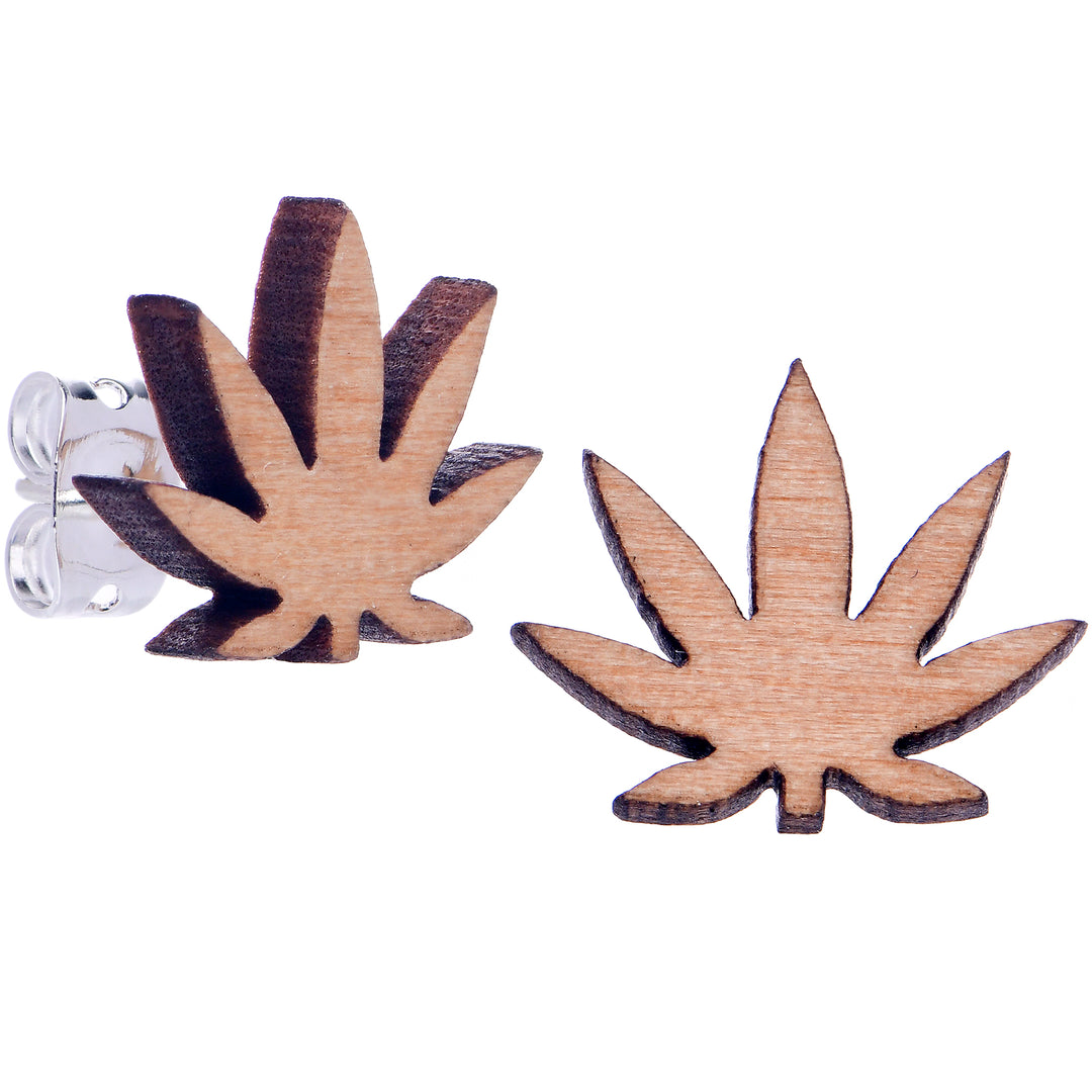 Natural Wood Pot Leaf Hypoallergenic Stainless Steel Stud Earrings