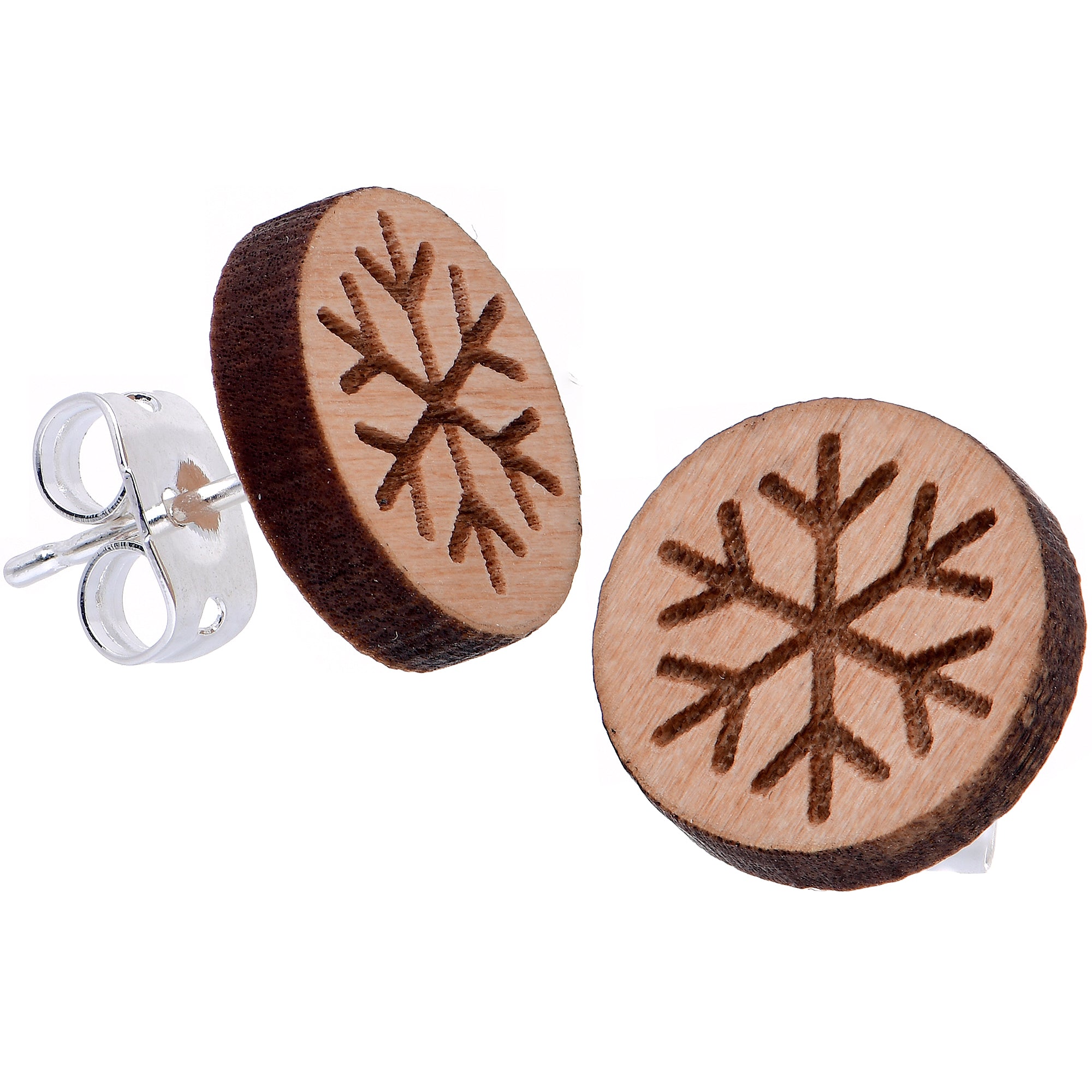 Natural Wood Holiday Snowflake Hypoallergenic Stainless Steel Stud Earrings