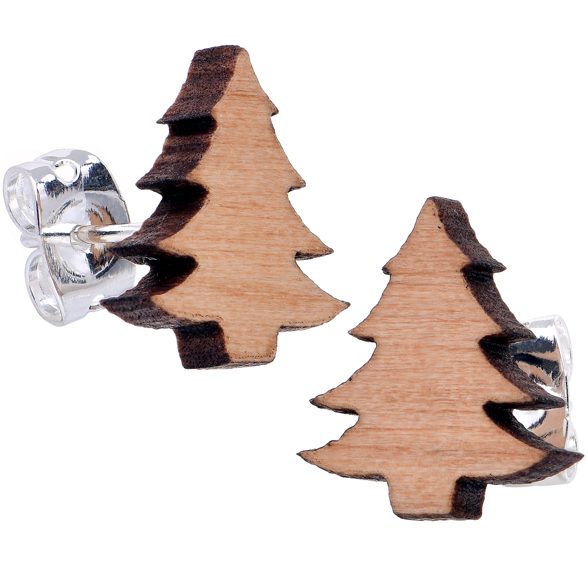 Natural Wood Christmas Tree Stud Earrings