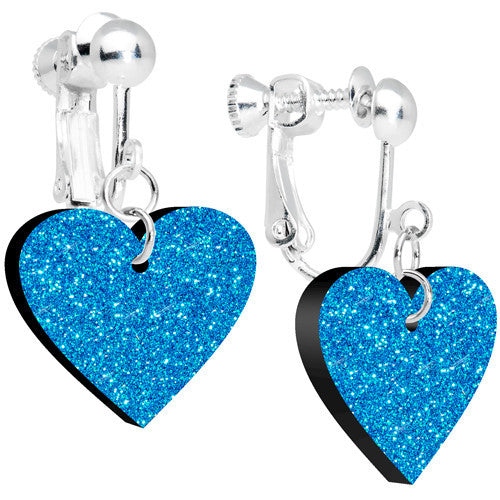 Island Blue Glitter Heart Dangle Clip Earrings