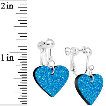 Island Blue Glitter Heart Dangle Clip Earrings