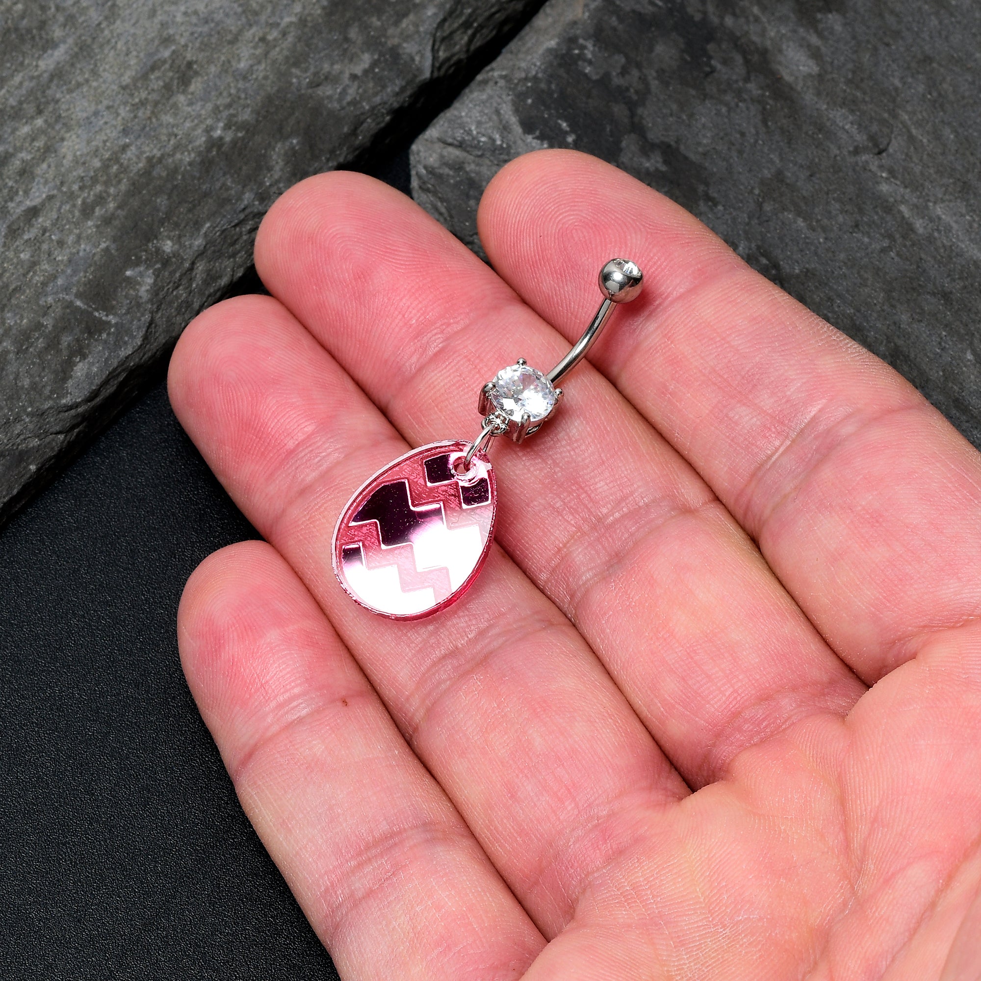 Clear Gem Pink Easter Decorated Egg Dangle  Stainless Steel Belly Ring lightweight comfortable