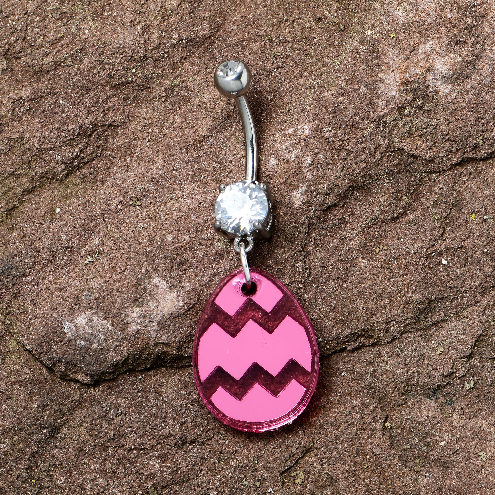 Clear Gem Pink Easter Decorated Egg Dangle  Stainless Steel Belly Ring handmade design