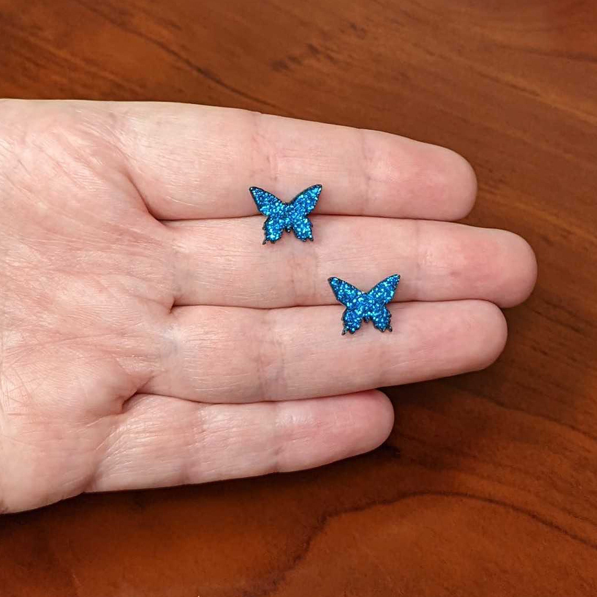 Blue Glitter Butterfly Stud Earring Set handmade design