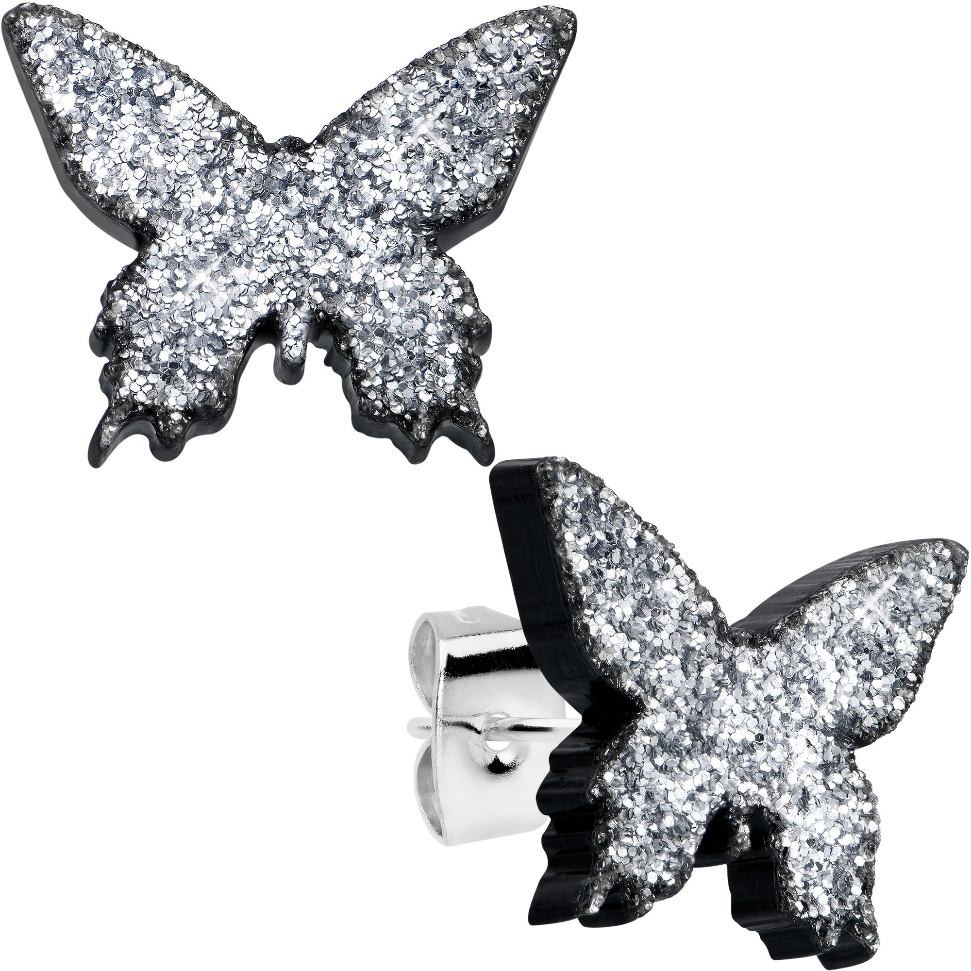 Silver Glitter Butterfly Stud Earring Set