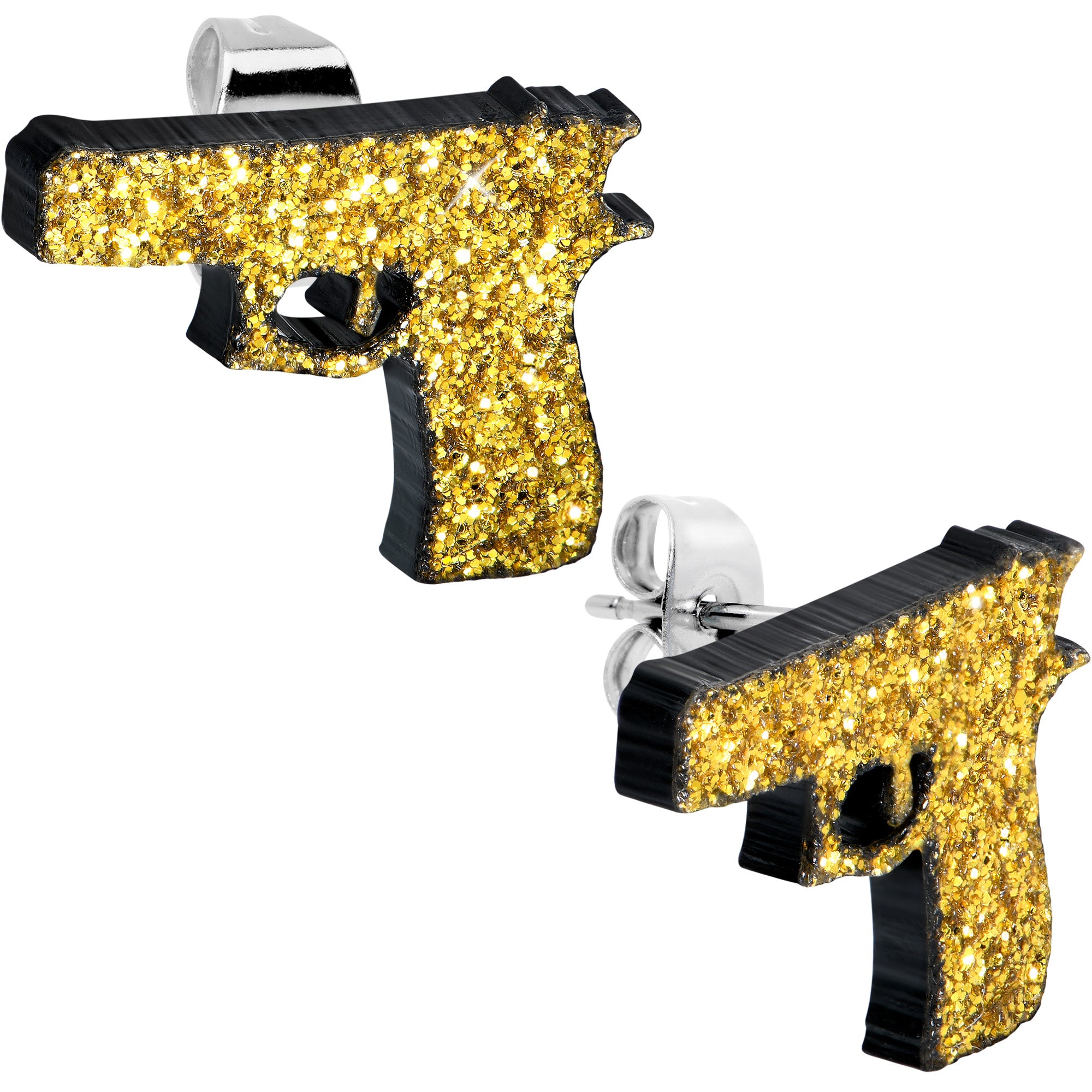 Yellow Glitter Gun Stud Earrings Set