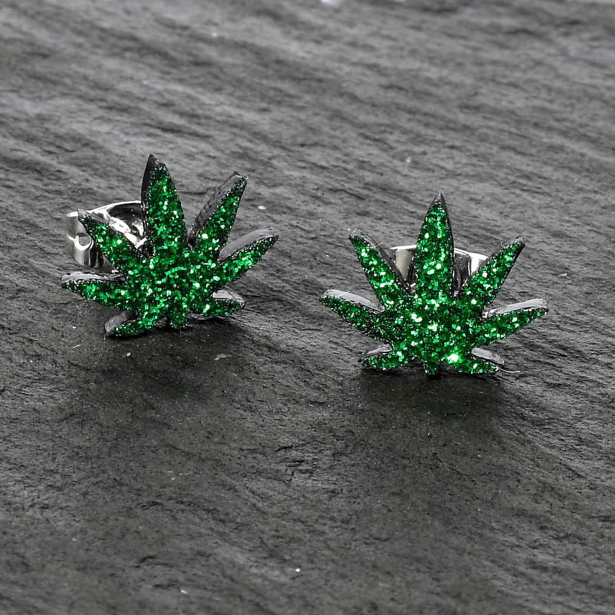 pot plant earrings Green Glitter Marijuana Pot Leaf Stud Earrings