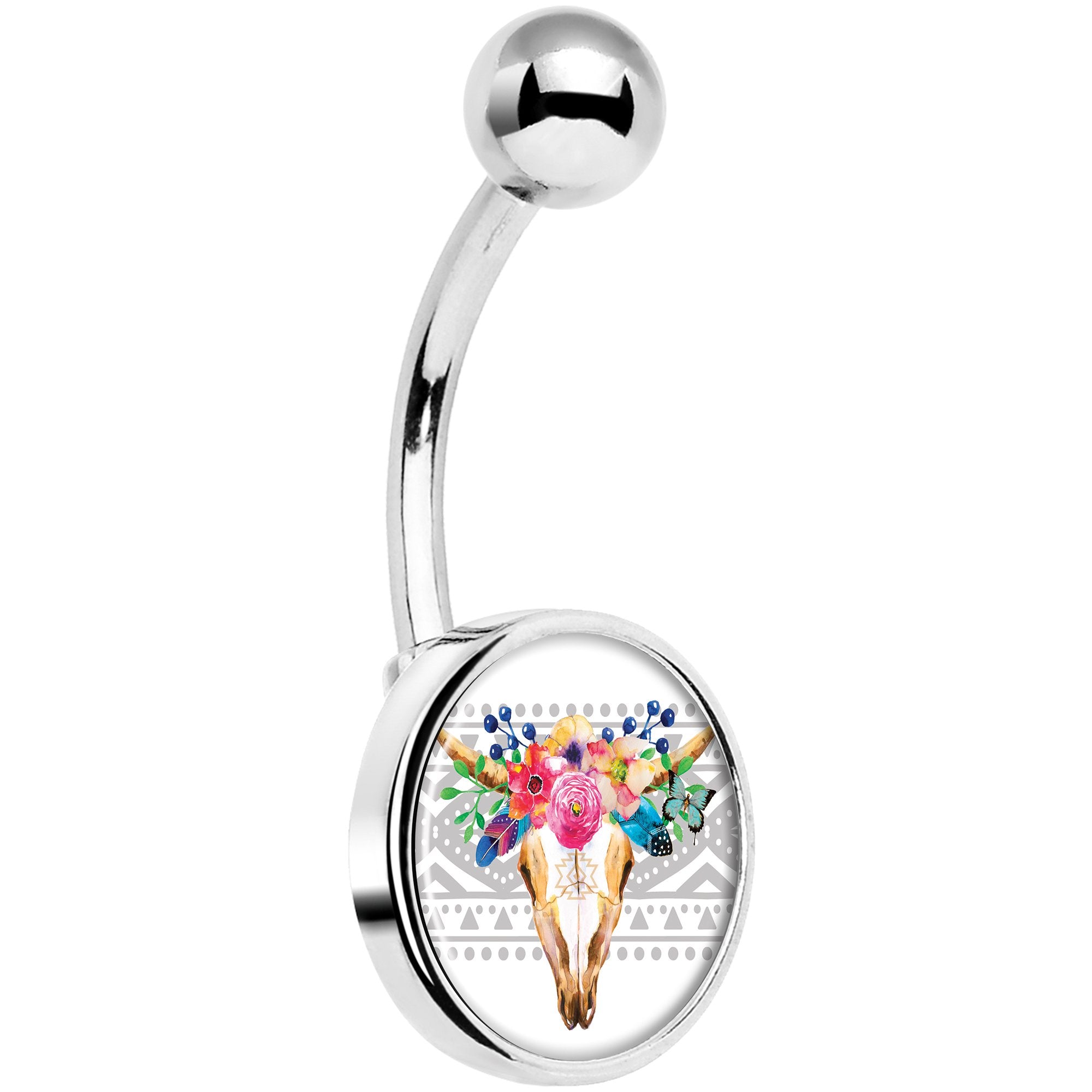 Watercolor Flower Animal Skull Hypoallergenic Stainless Steel Belly Ring