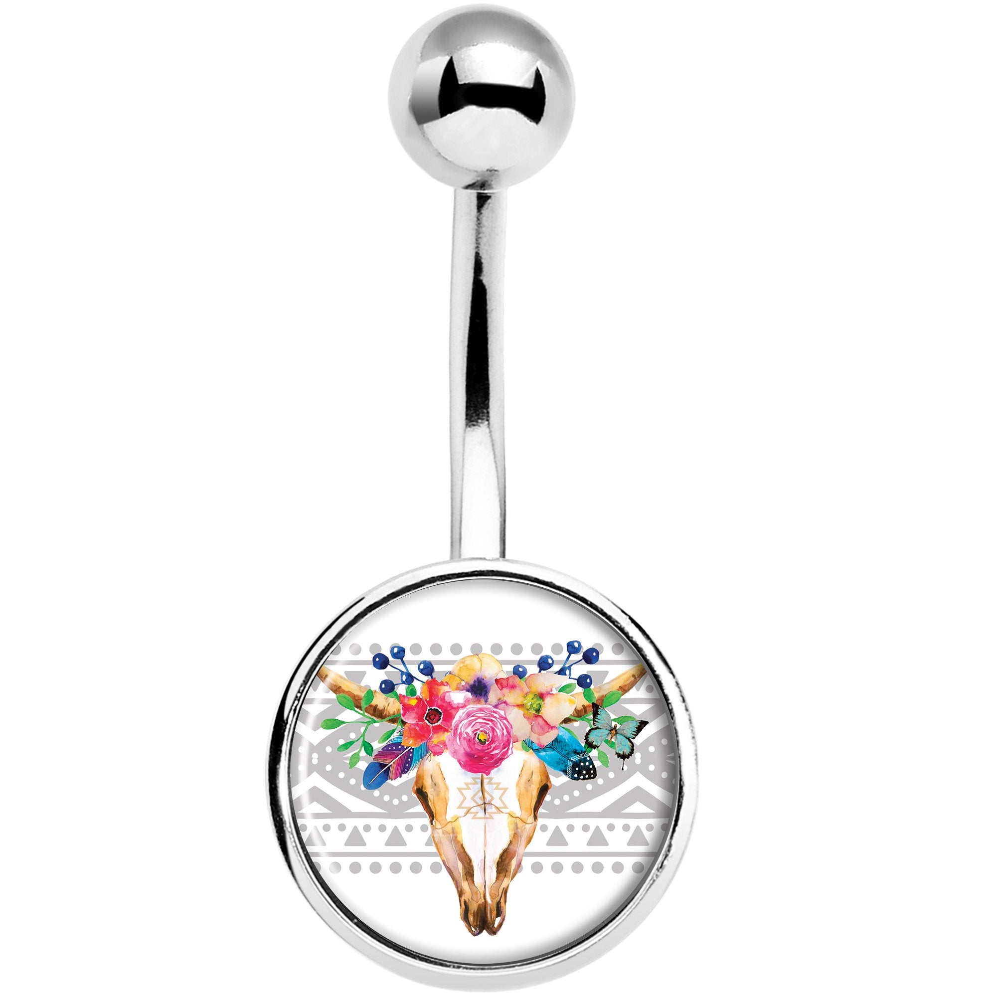 Watercolor Flower Animal Skull  Stainless Steel Belly Ring lightweight comfortable