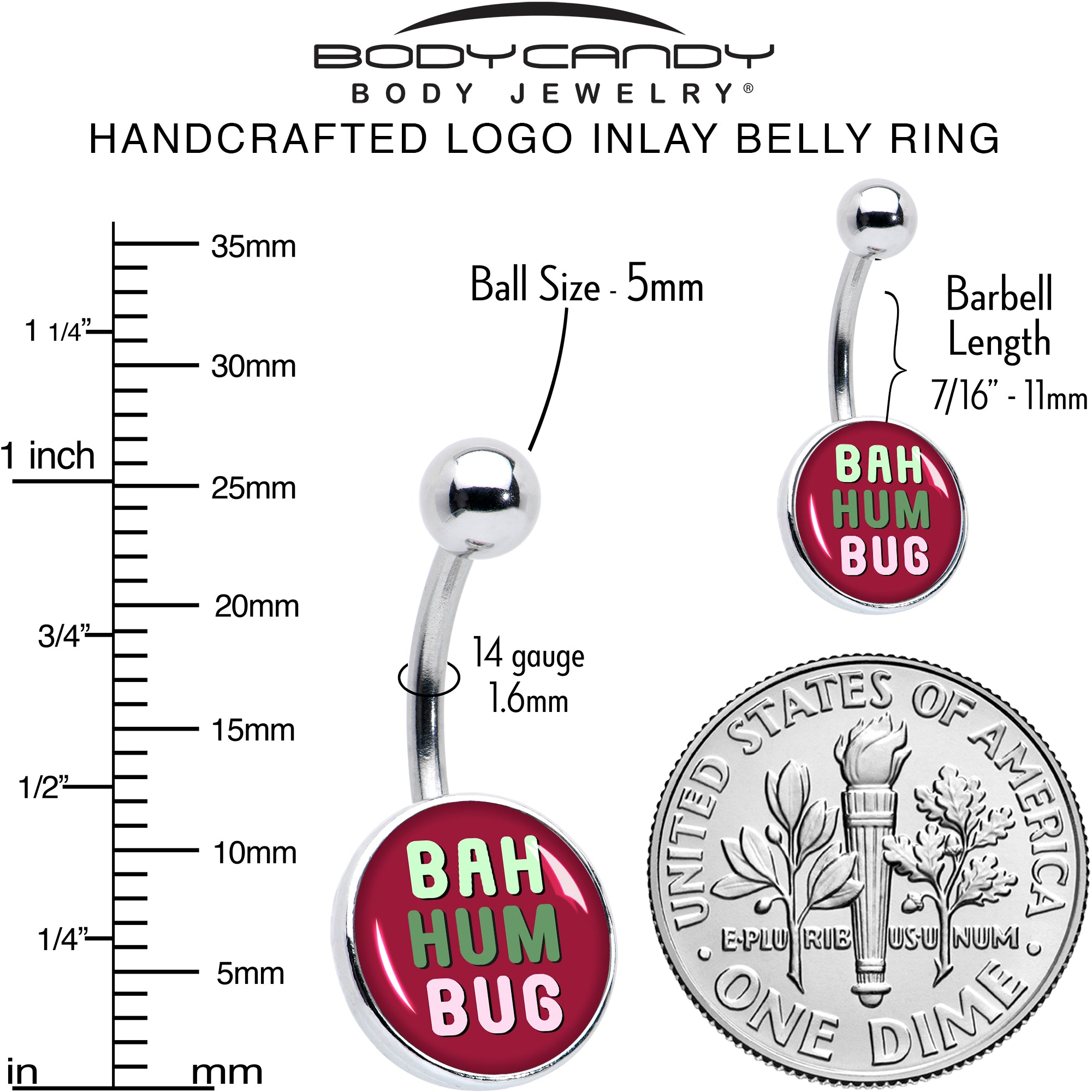 Bah Humbug Holiday Grouch  Stainless Steel Belly Ring perfect for sensitive skin