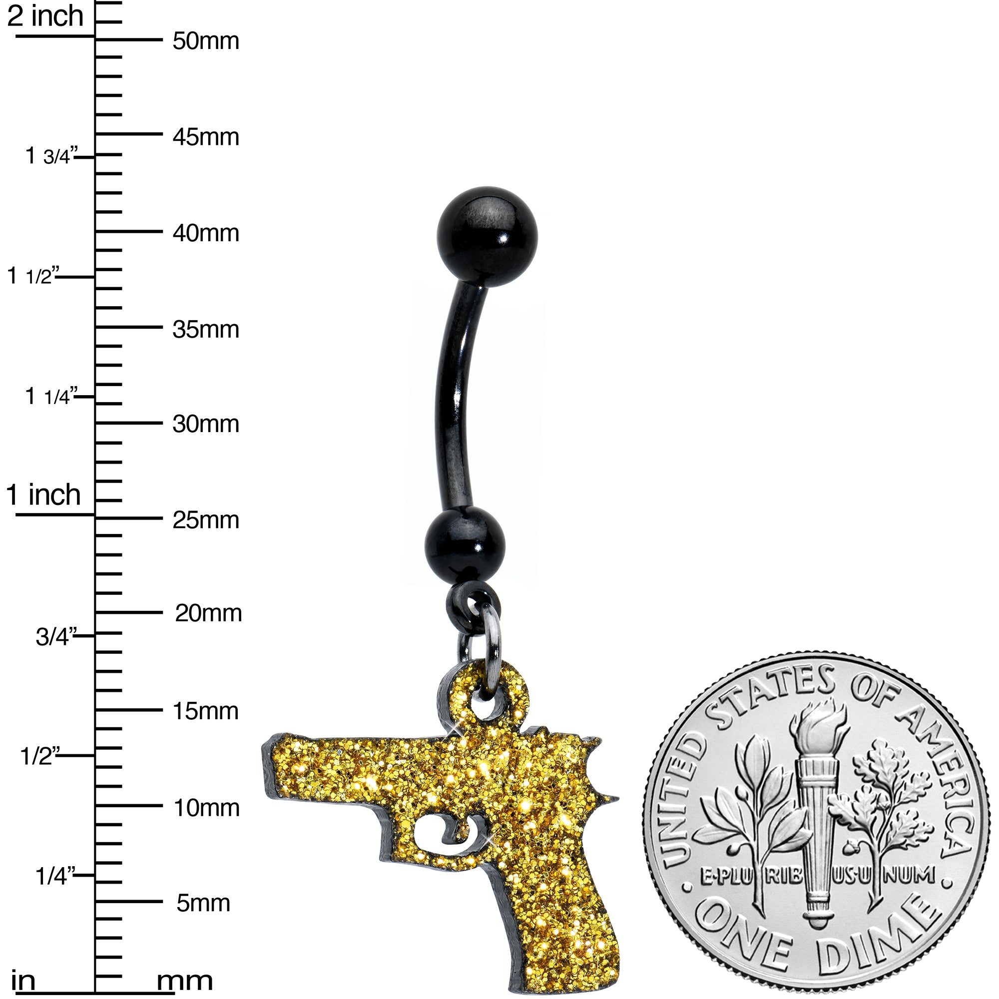 Yellow Glitter Gun Dangle  Stainless Steel Belly Ring lightweight comfortable