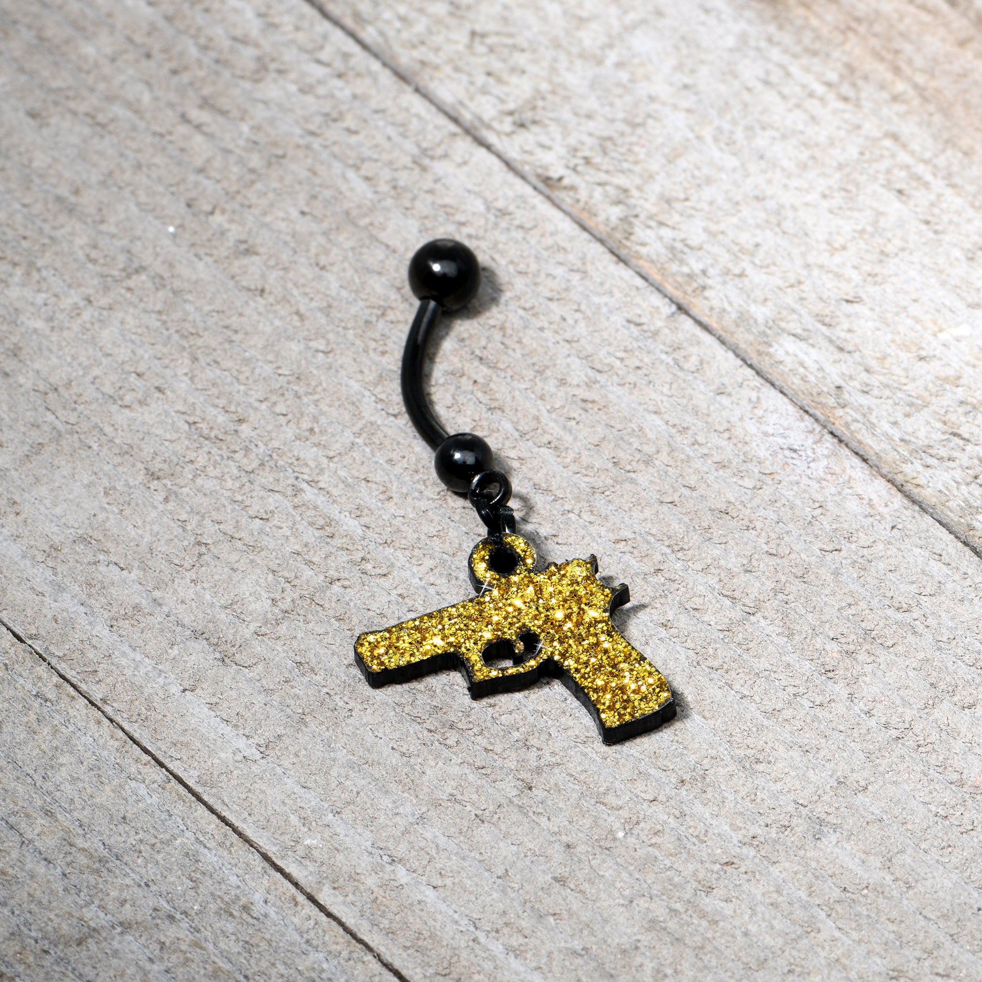 Yellow Glitter Gun Dangle  Stainless Steel Belly Ring handmade design