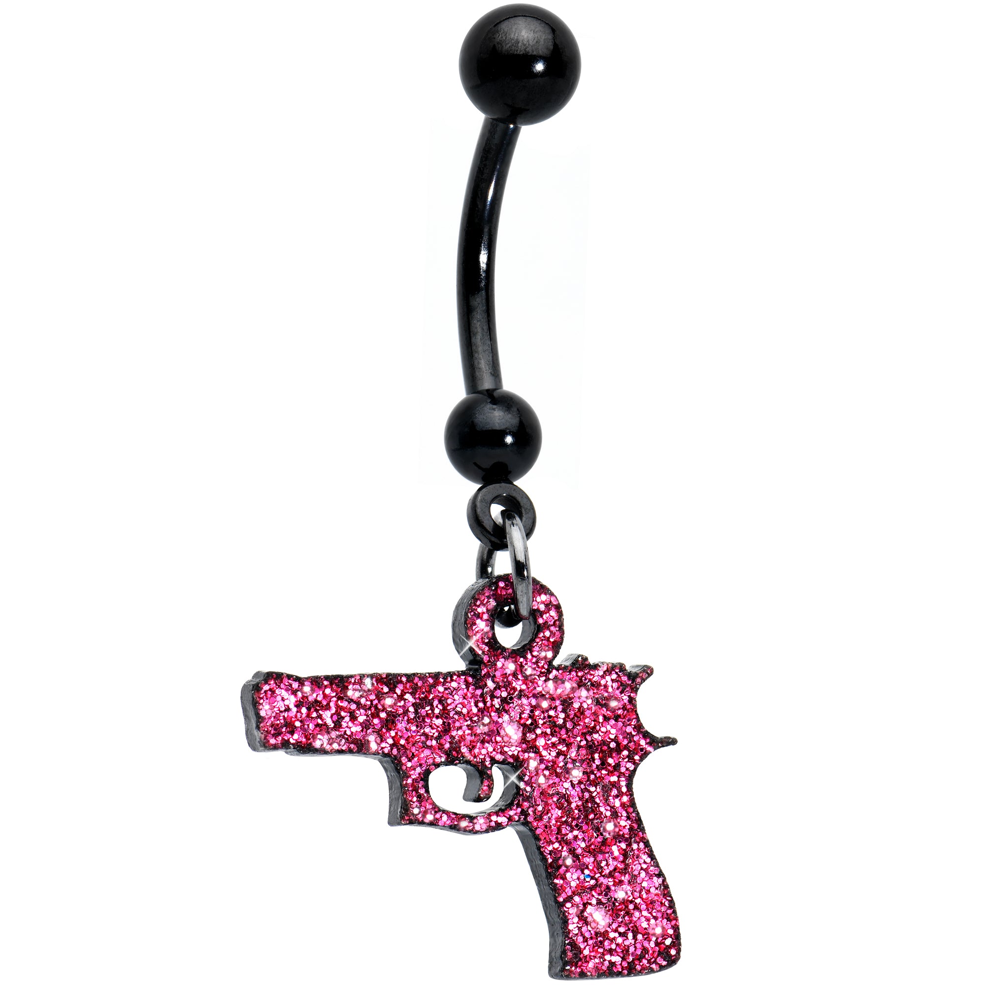 Pink Glitter Gun Dangle Hypoallergenic Stainless Steel Belly Ring