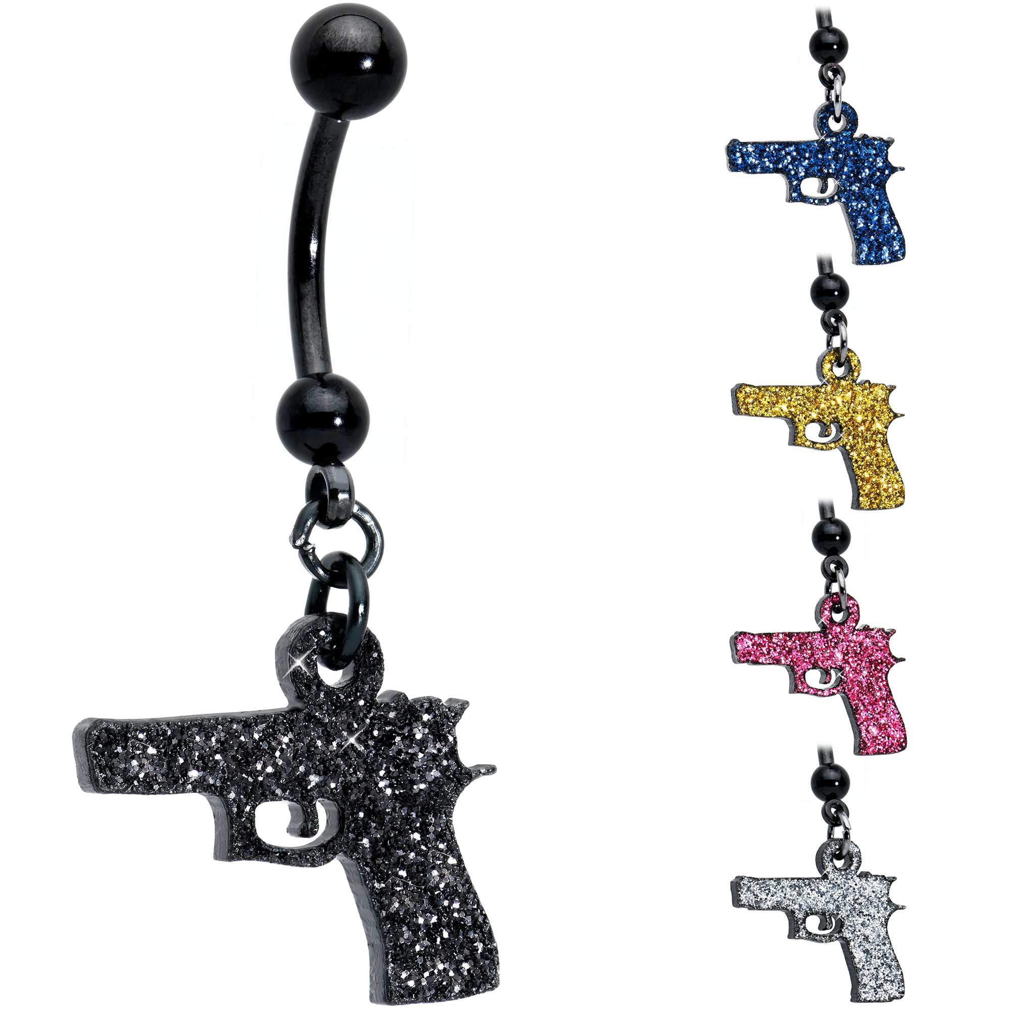 Pink Glitter Gun Dangle  Stainless Steel Belly Ring perfect for sensitive skin