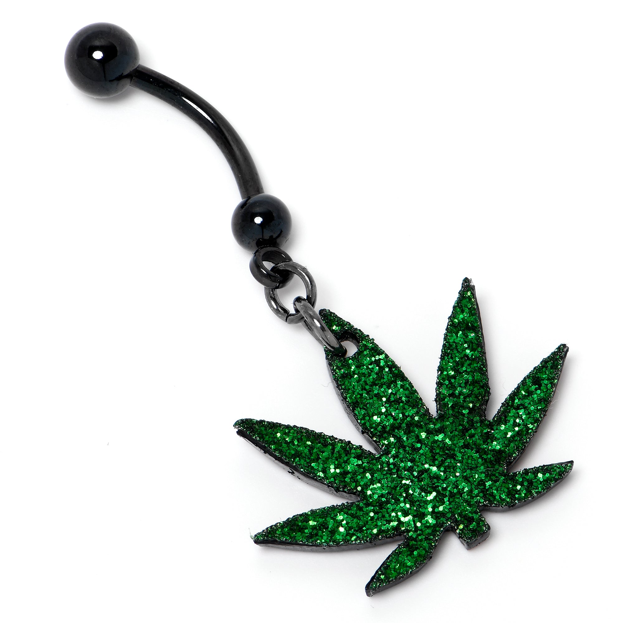 Green Glitter Marijuana Pot Leaf Black Dangle Belly Ring