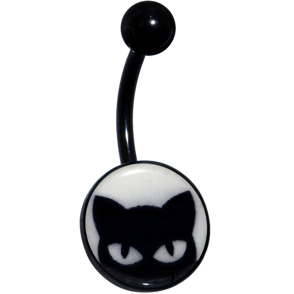 Black Glow in the Dark Peeking Black Cat Belly Ring BodyCandy