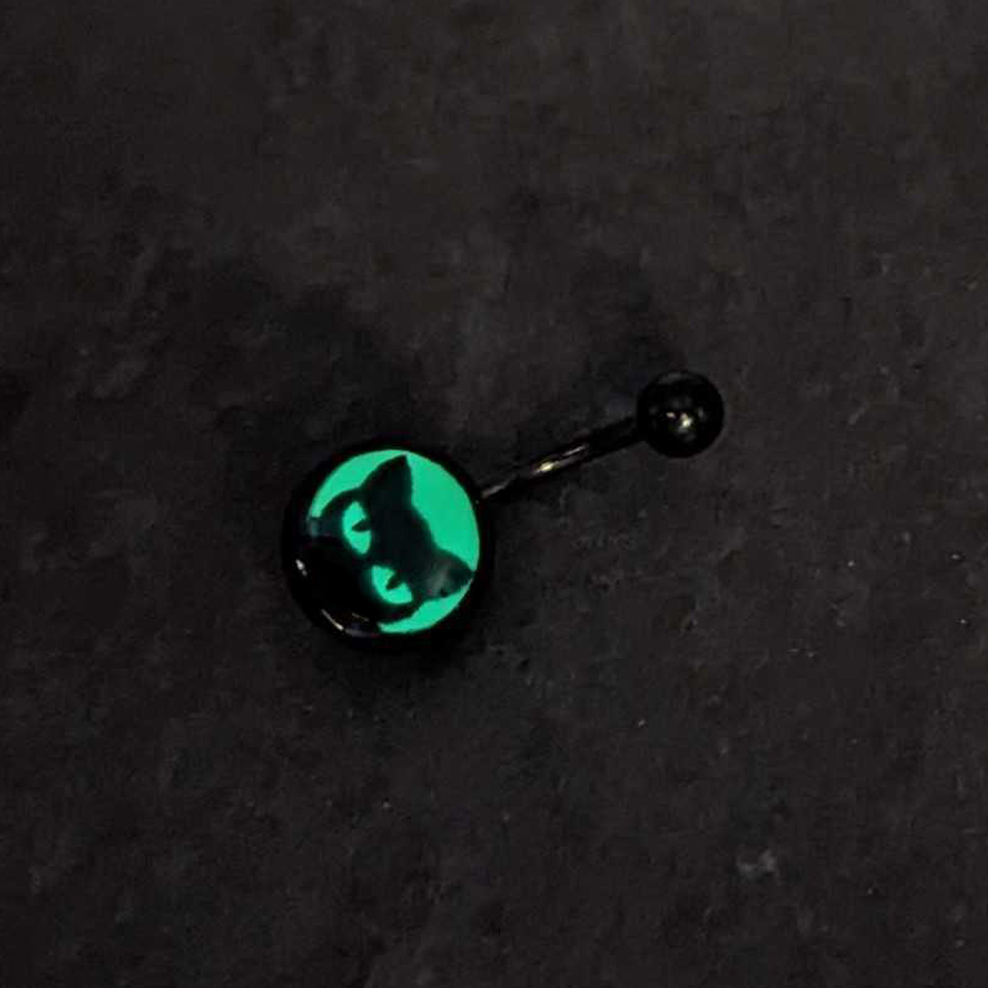 Black Glow in the Dark Peeking Black Cat  Stainless Steel Belly Ring custom design option