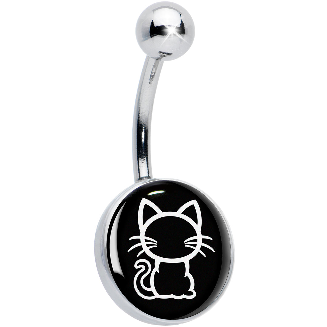 Black and White Kitty Cat Hypoallergenic Stainless Steel Belly Ring