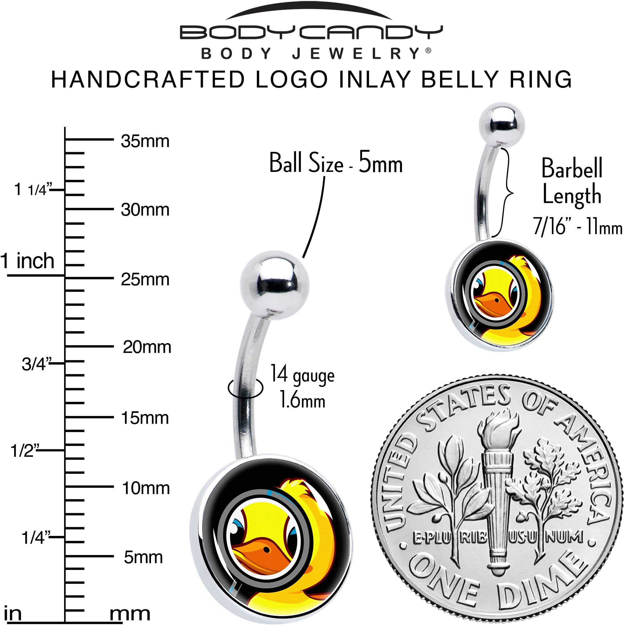 Magnified Yellow Duck  Stainless Steel Belly Ring perfect for sensitive skin