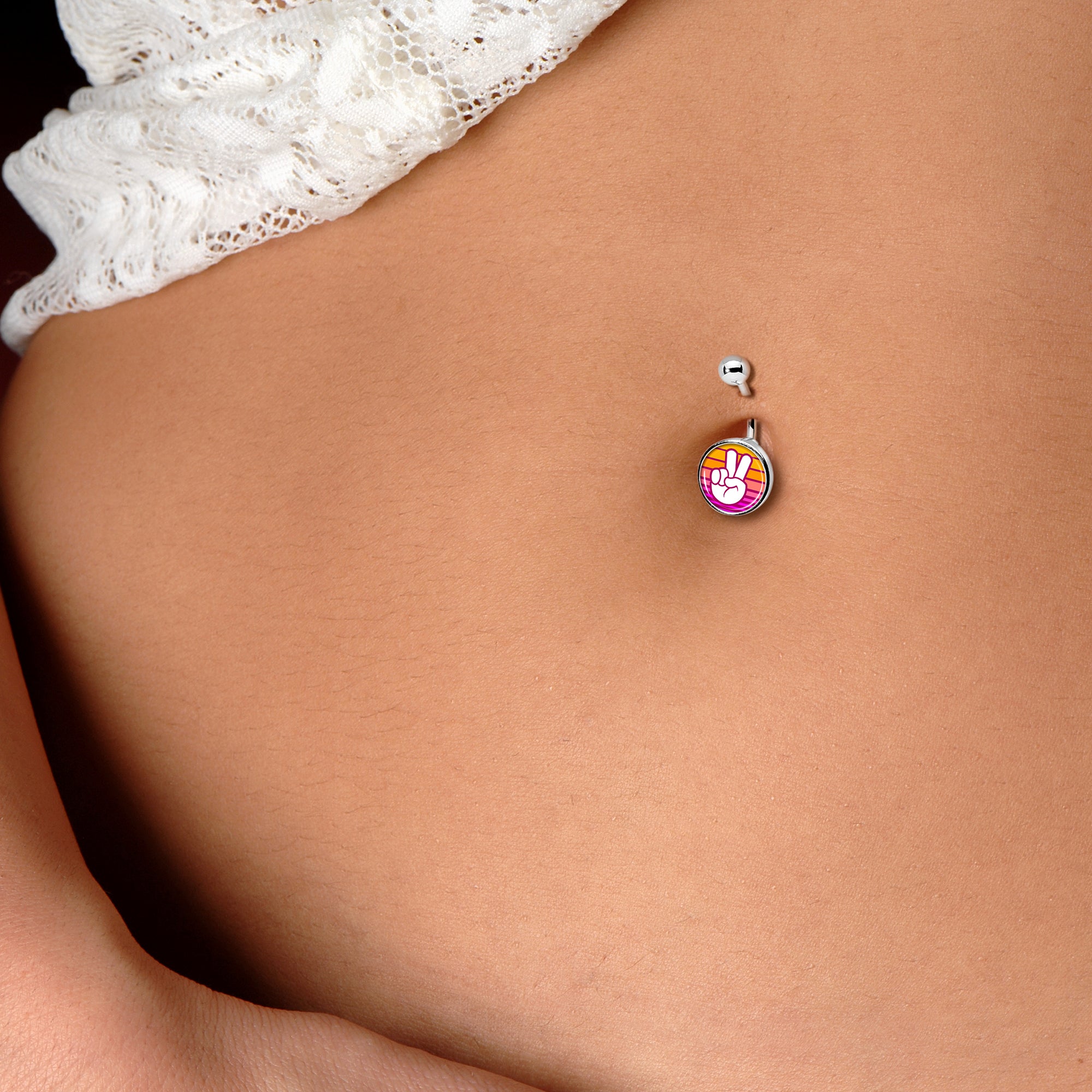 Retro Stripes Peace Sign Fingers Belly Ring