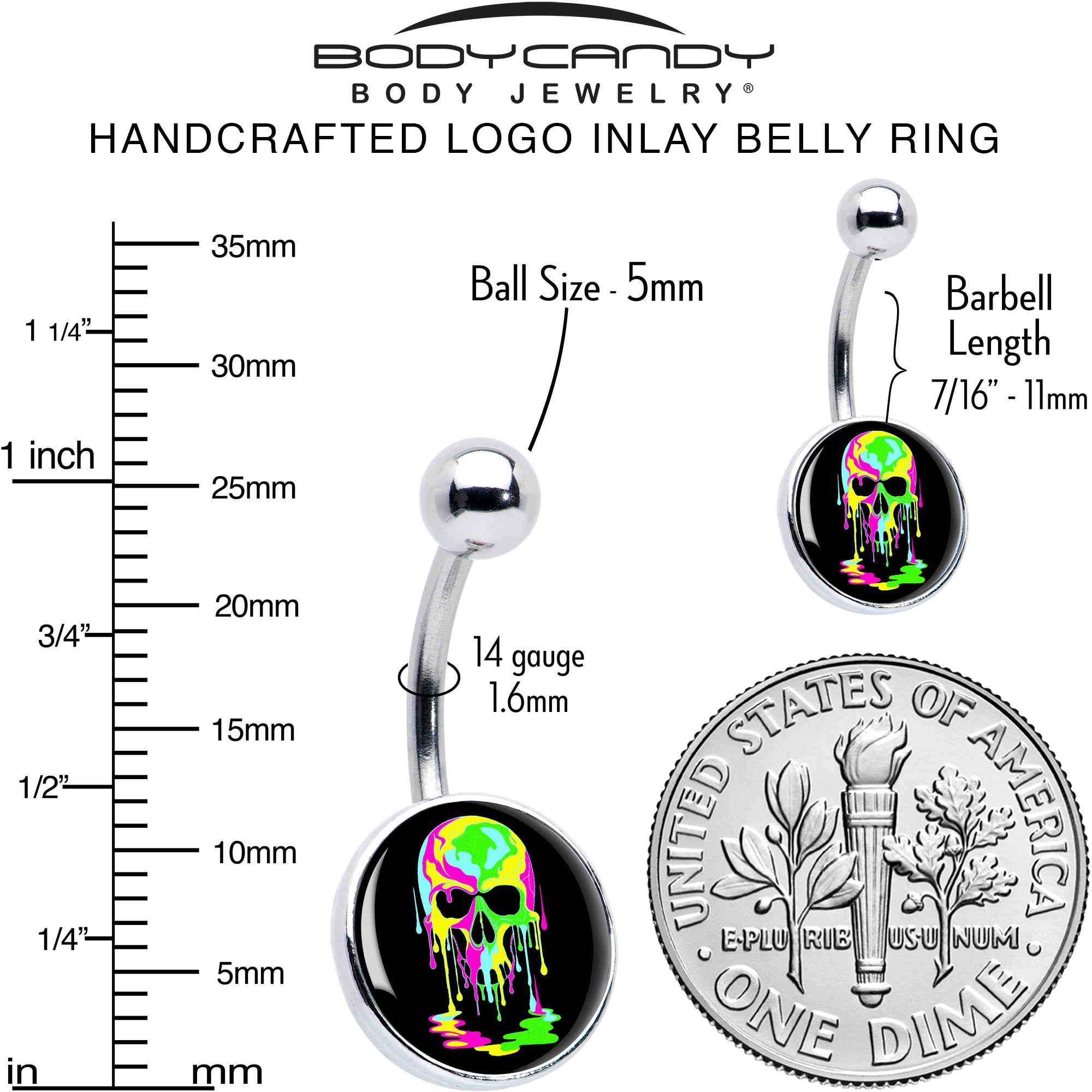 Ultra Bright Melting Skull  Stainless Steel Belly Ring perfect for sensitive skin