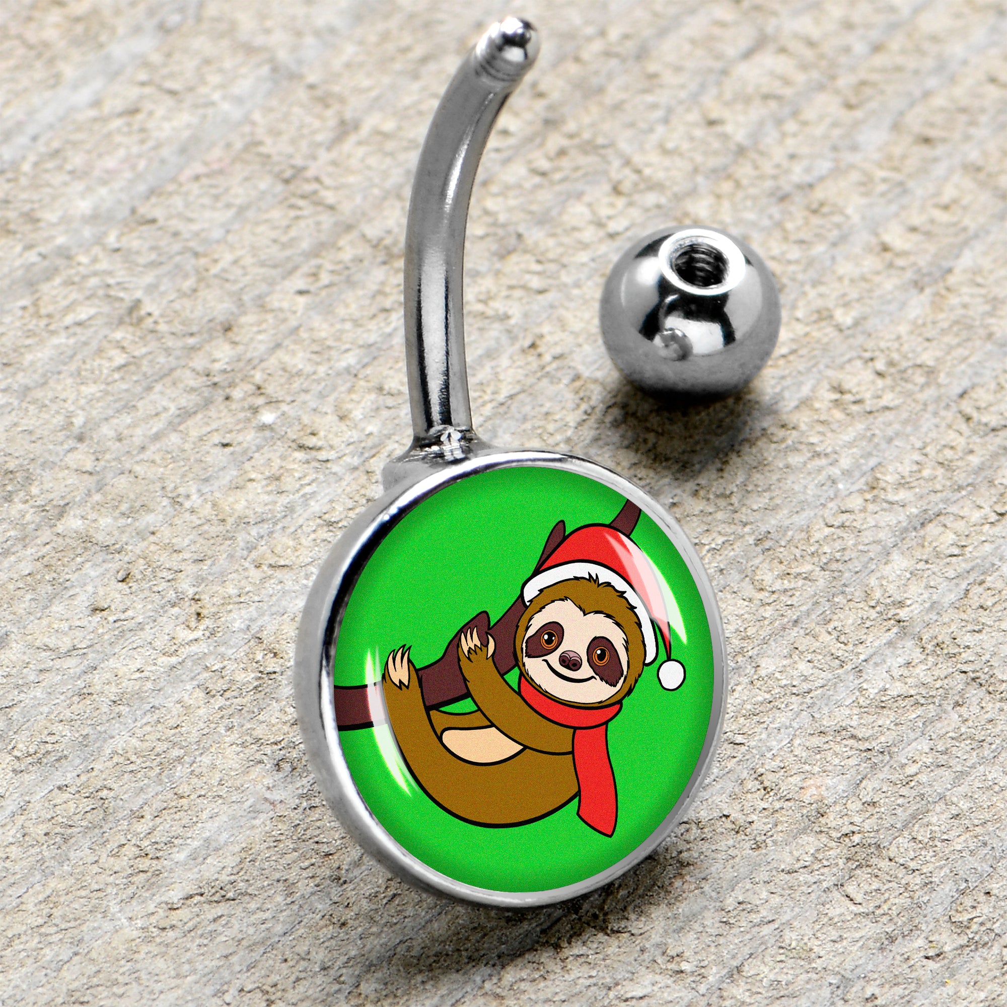 Holiday Santa Sloth  Stainless Steel Belly Ring handmade design