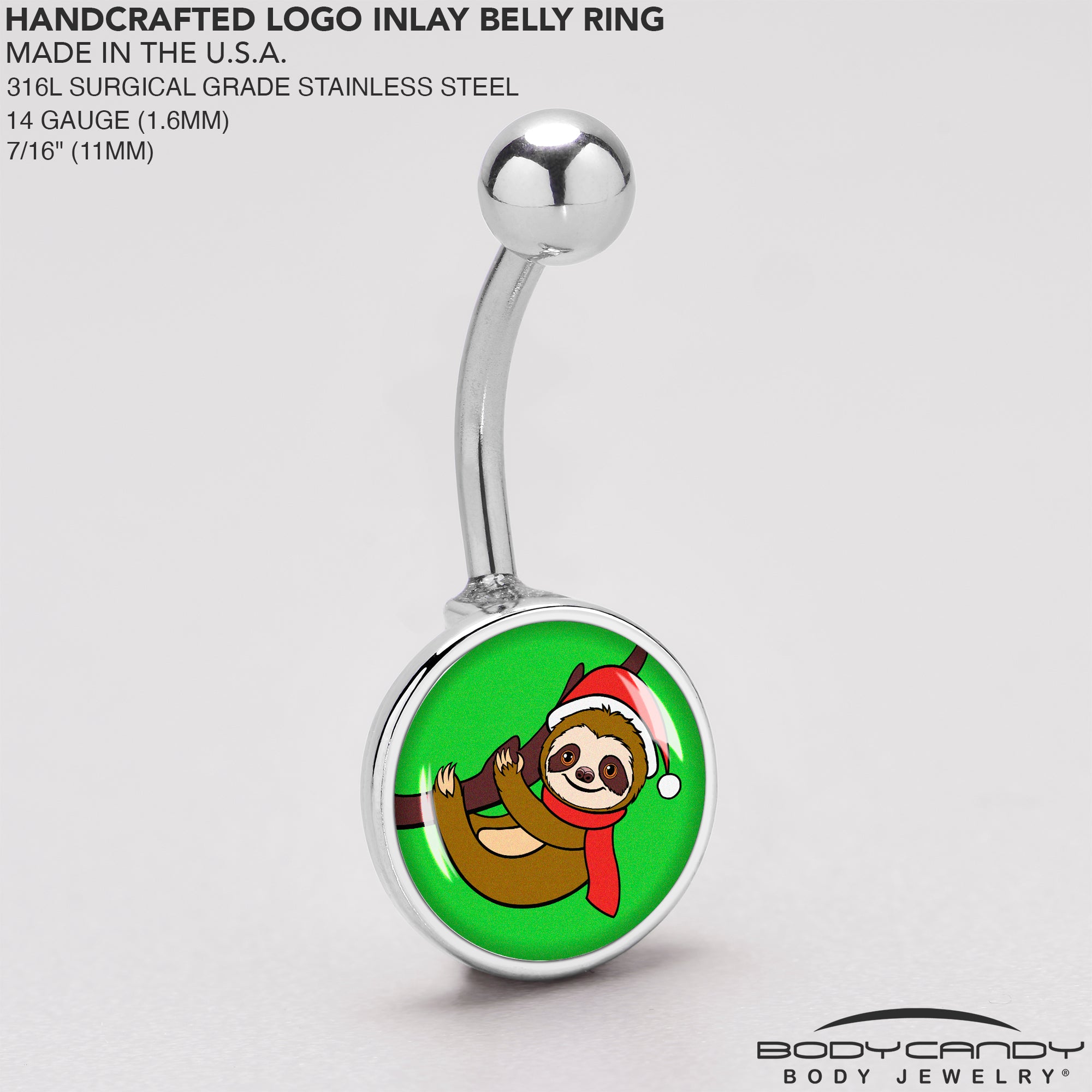 Holiday Santa Sloth  Stainless Steel Belly Ring stainless steel navel piercing